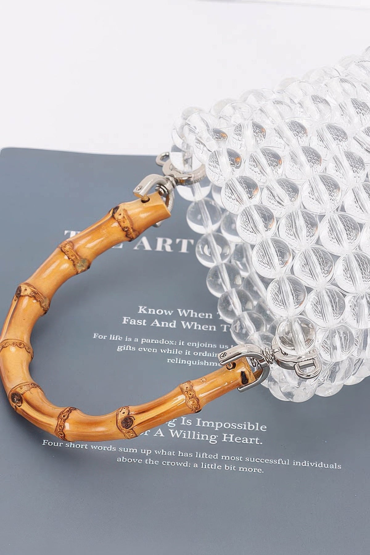 Bamboo Handle Transparent Bead Chic Tote Bag