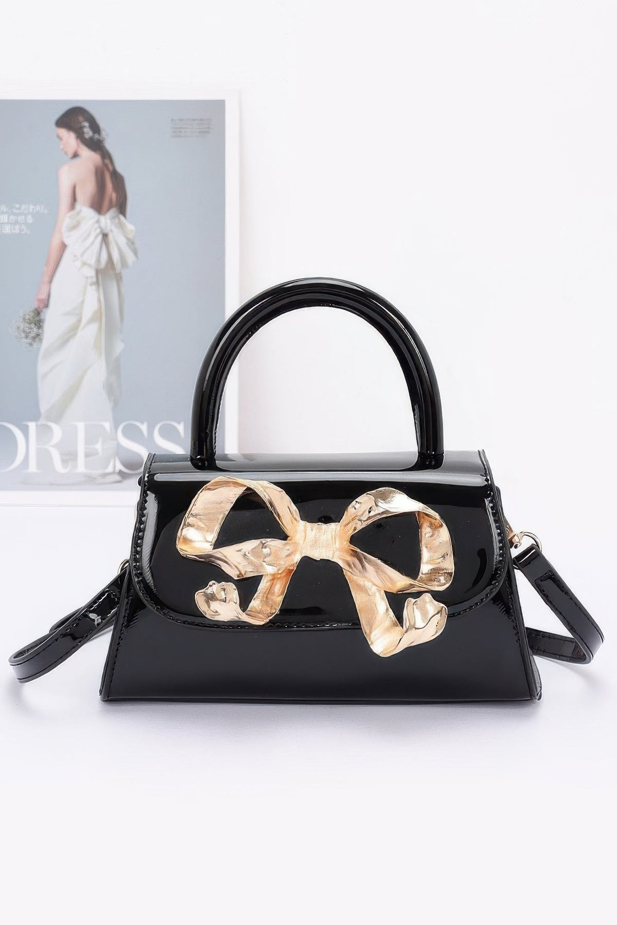Faux Leather Metal Ribbon Top Handle Bag
