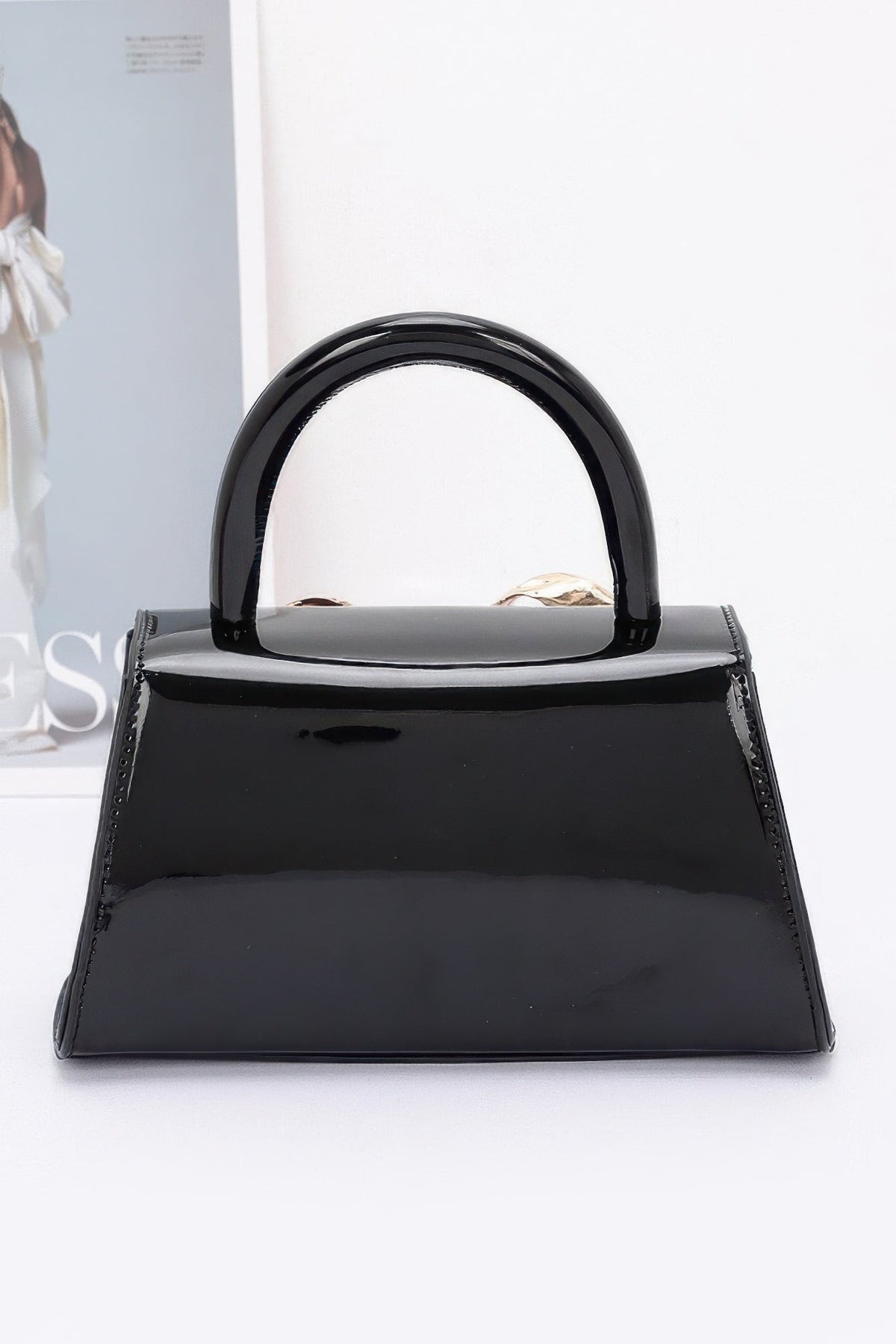 Faux Leather Metal Ribbon Top Handle Bag