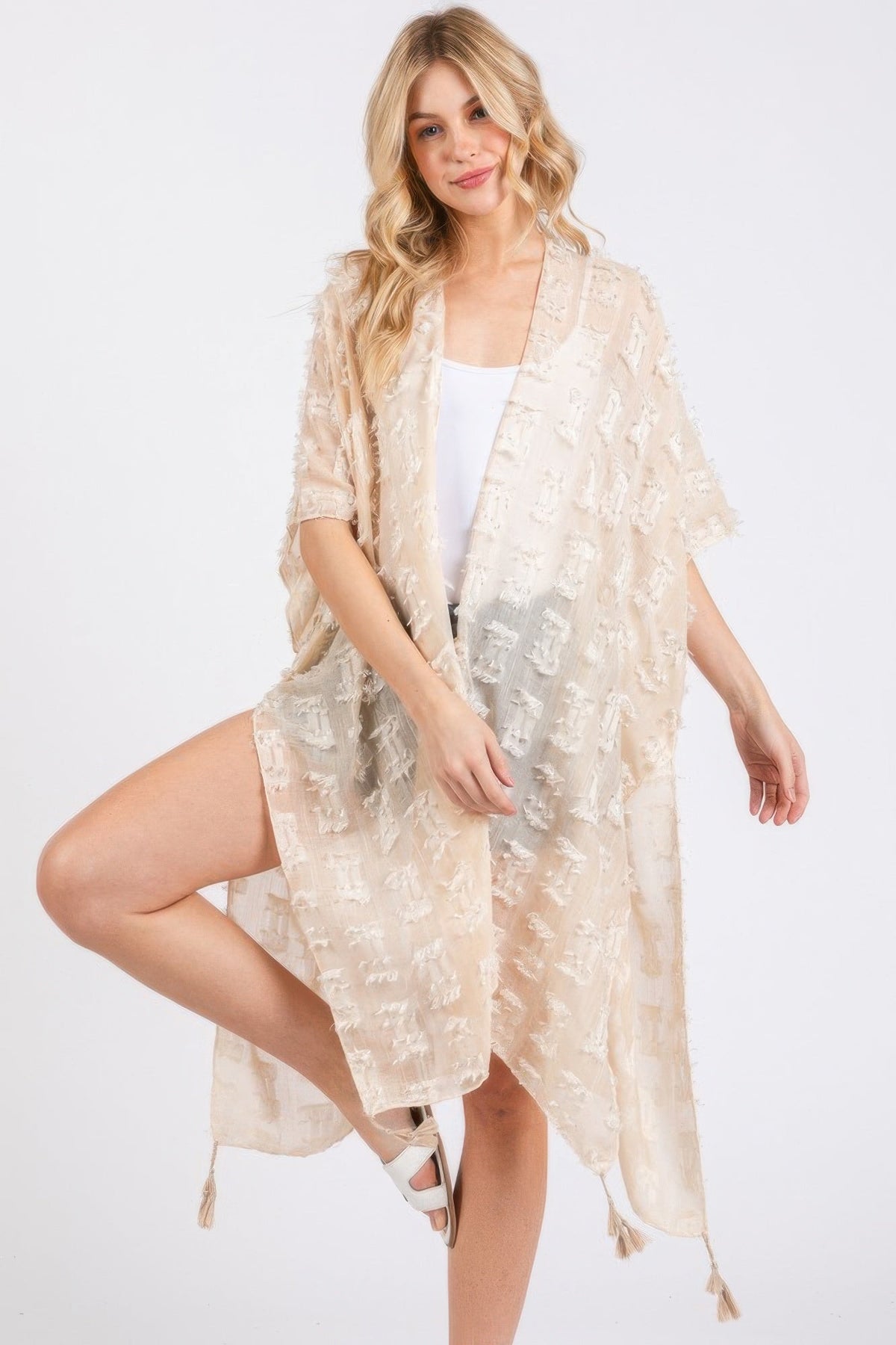 Distressed Pattern Tassel Kimono