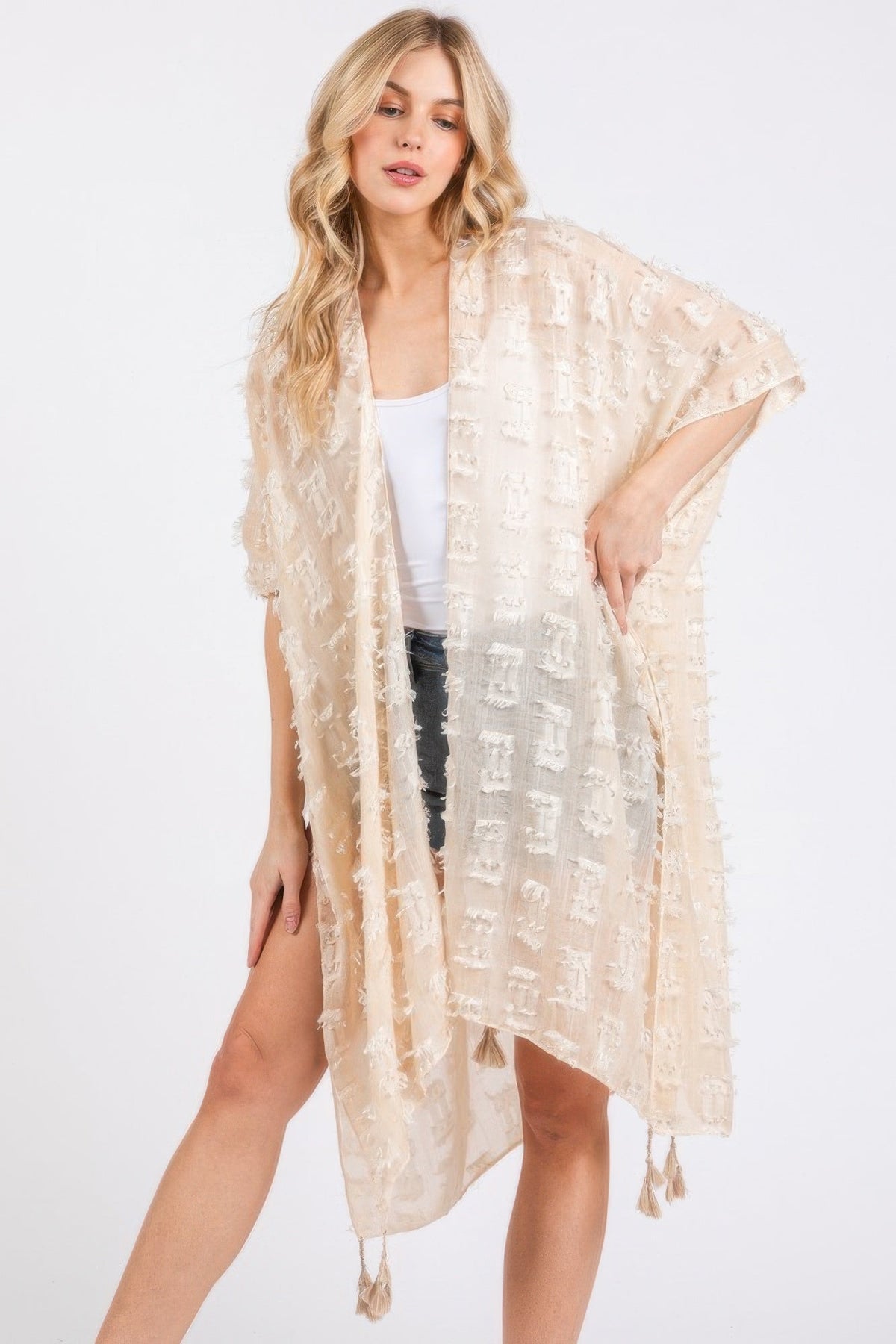 Distressed Pattern Tassel Kimono