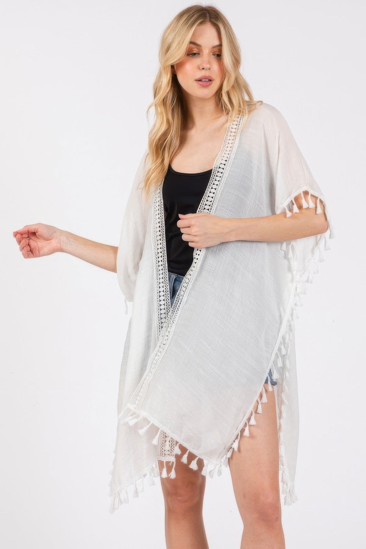Crochet And Tassel Trim Cover Up