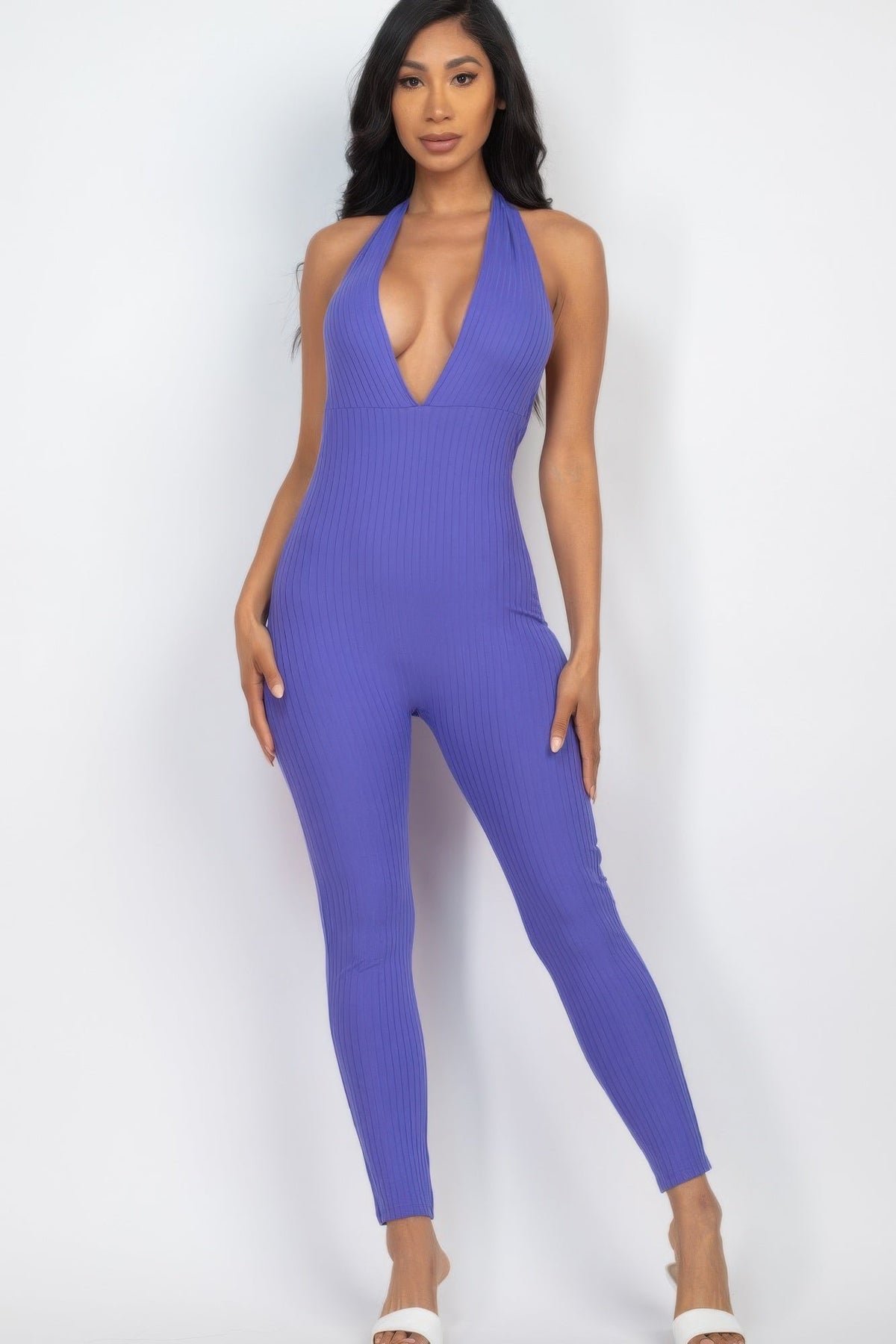 Halter V Neck Ribbed Bodycon Jumpsuit