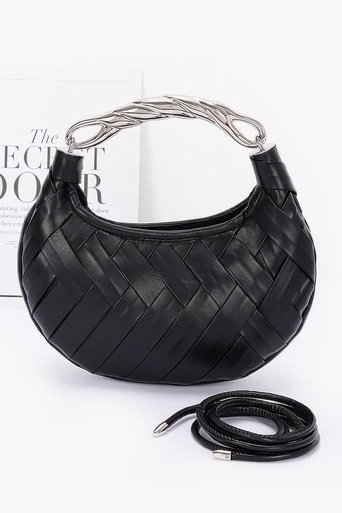 Faux Leather Braided Metal Handle Clutch