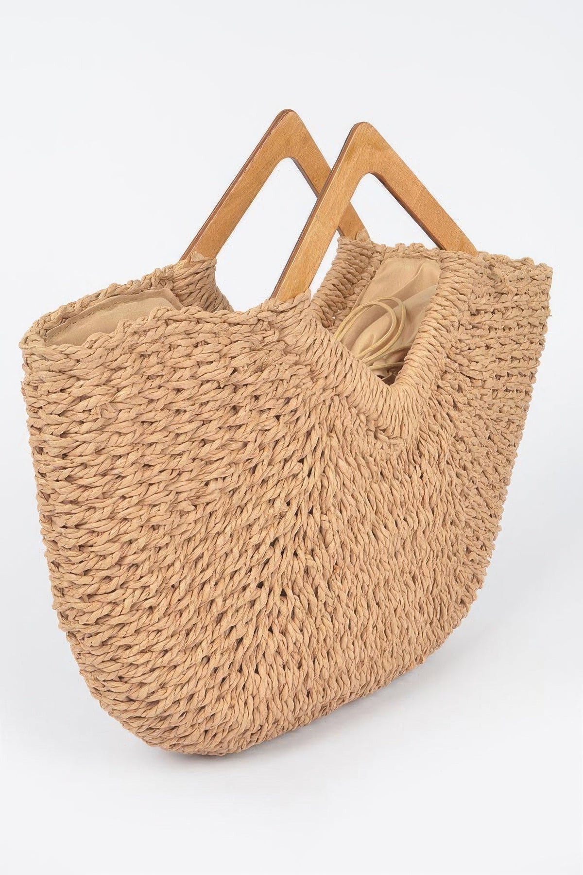 Faux Straw Wood Handle Tote Bag