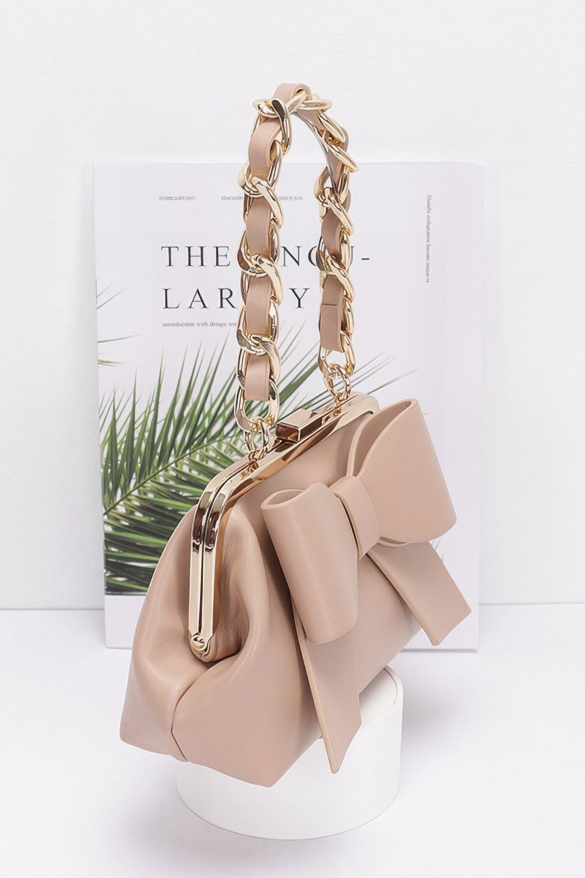 Faux Leather Ribbon Chain Handle Party Clutch