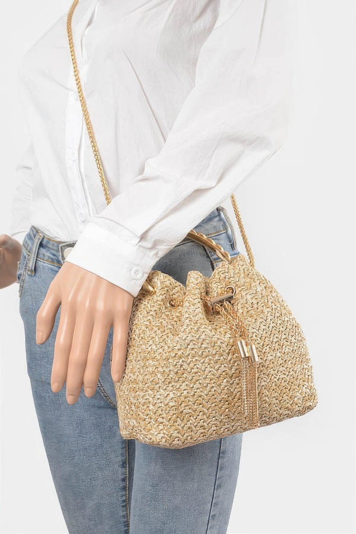 Faux Straw Bucket Bag W/stone Handle