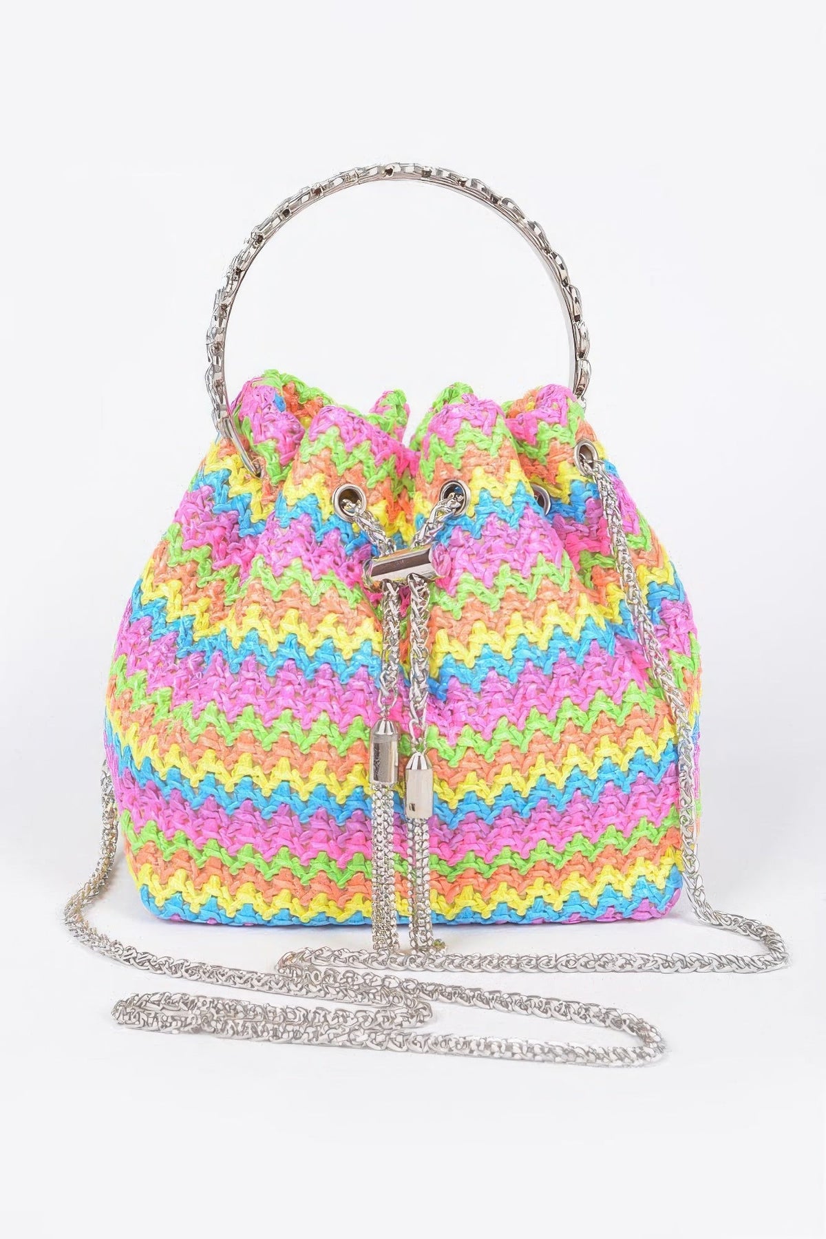 Faux Straw Bucket Bag W/stone Handle