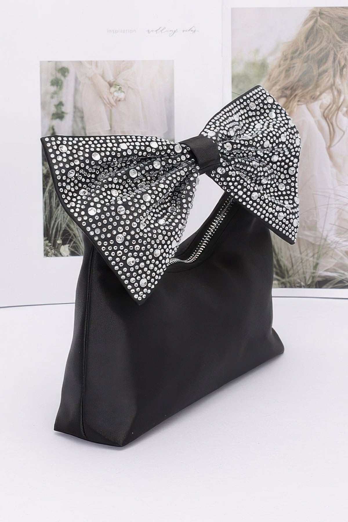 Rhinestone Hotfix Bow Handle Nylon Clutch