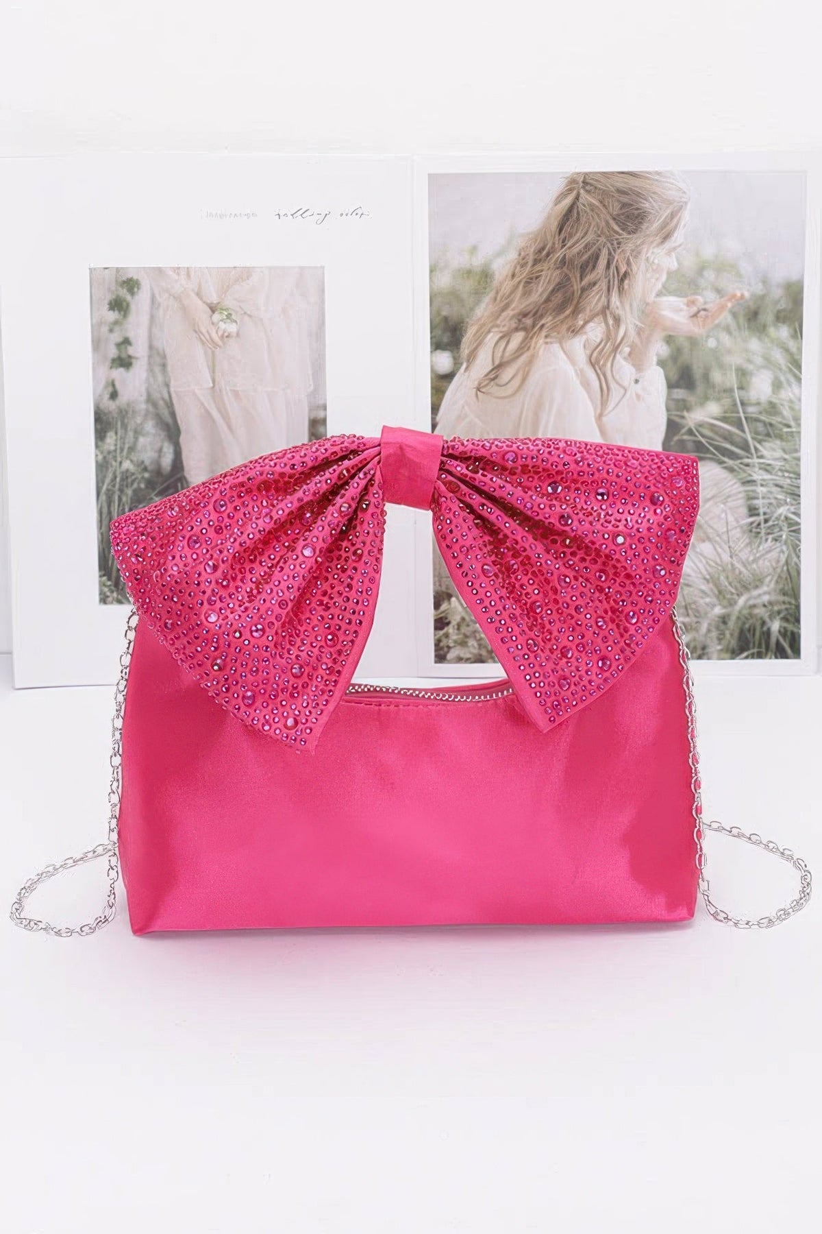 Rhinestone Hotfix Bow Handle Nylon Clutch