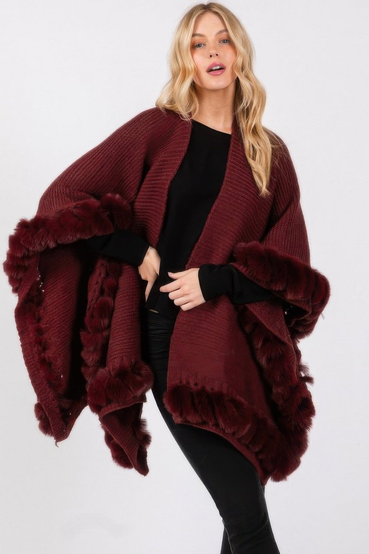 Faux Fur Trim Cape With Closure
