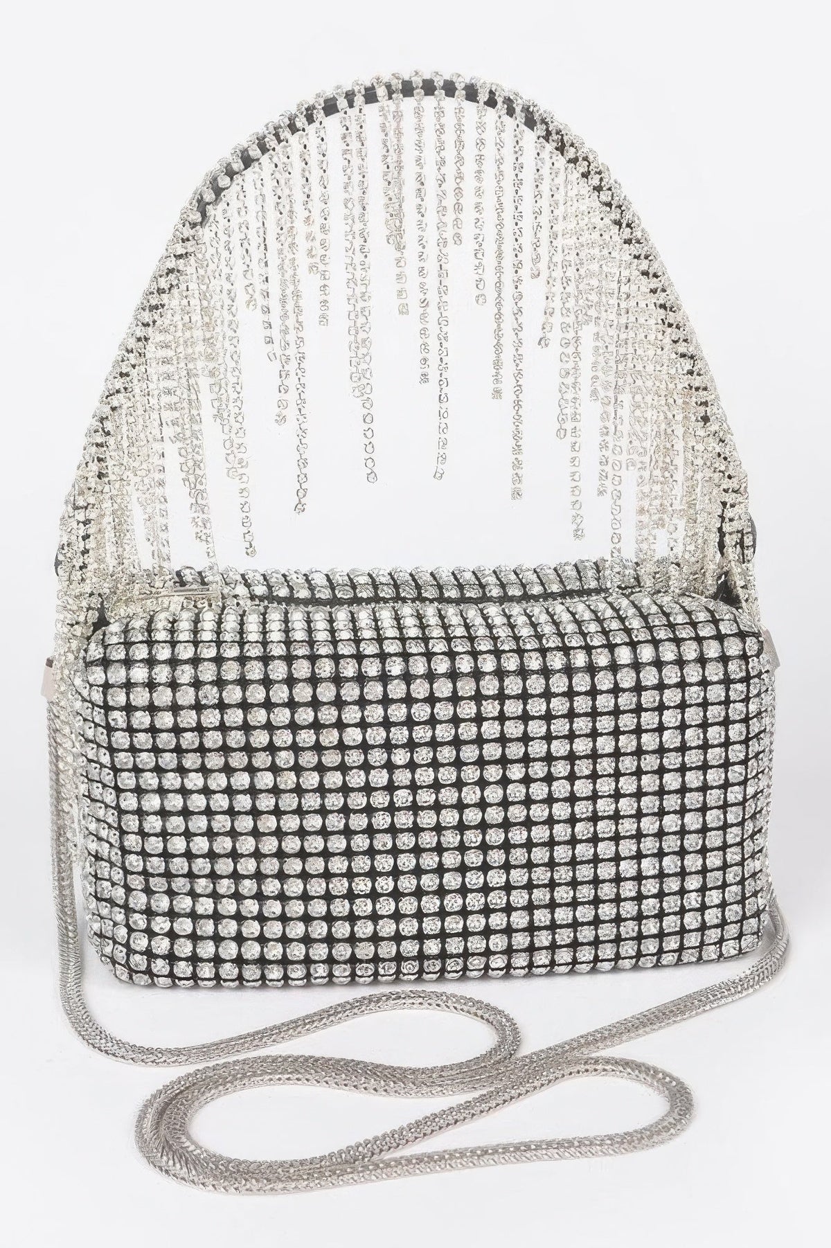 Oversized Rhinestone Fringe Strap Clutch