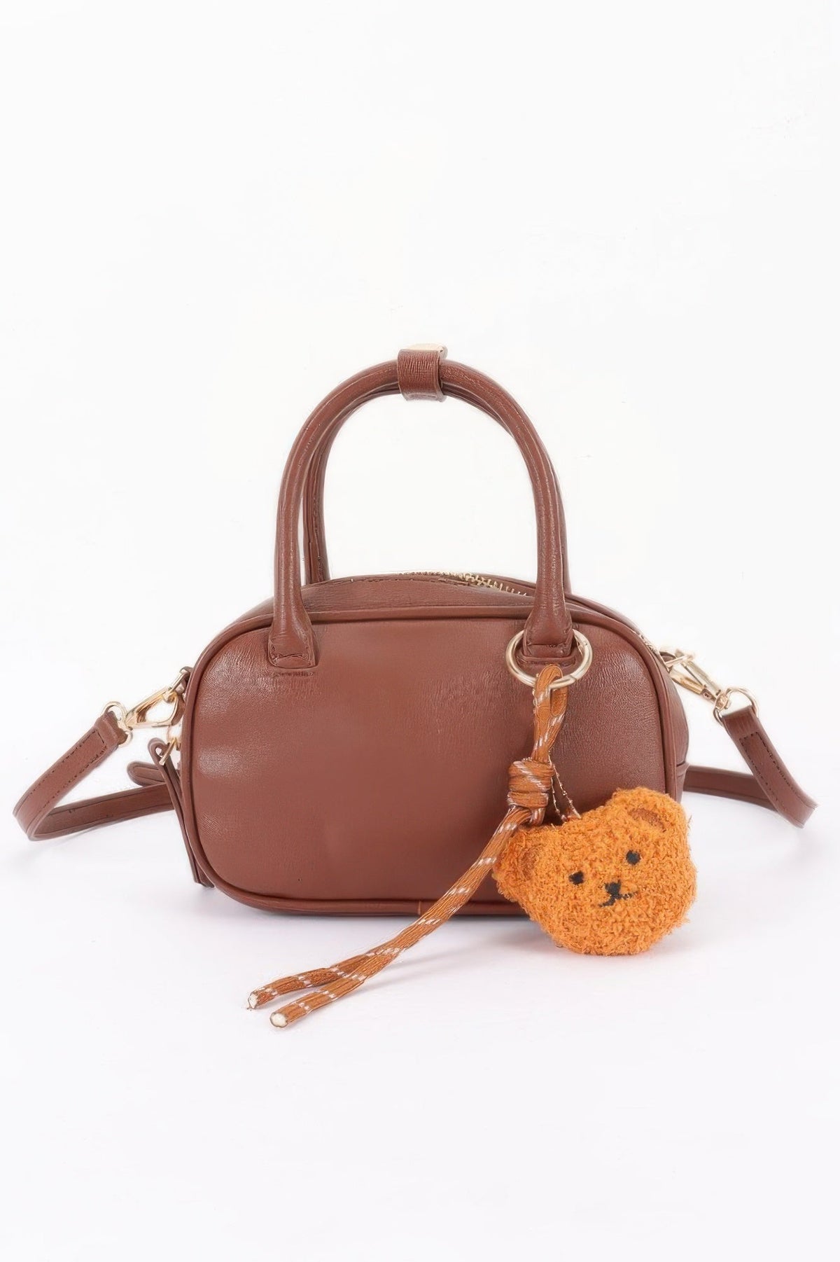 Vegan Leather Mini Bowling Bag With Bear Charm