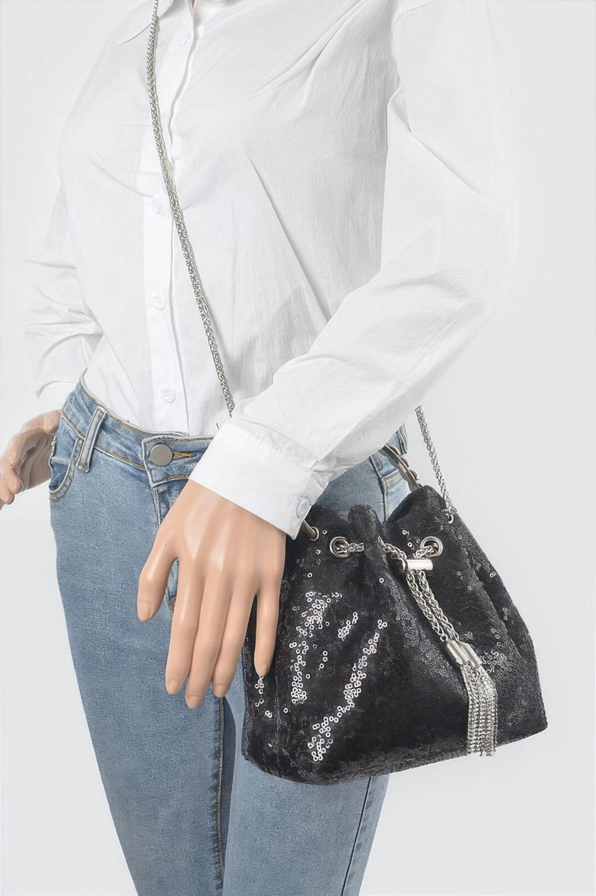 Sequins Bucket Bag W/stone Handle