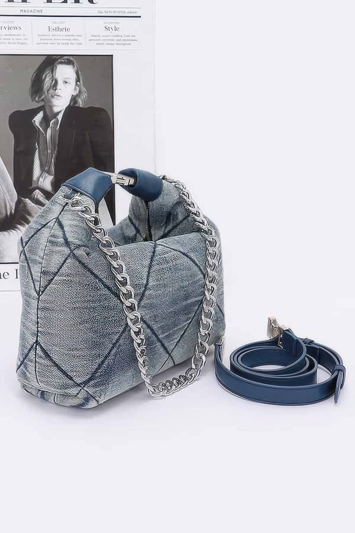 Quilted Washed Denim Shoulder Chain Crossbody Bag
