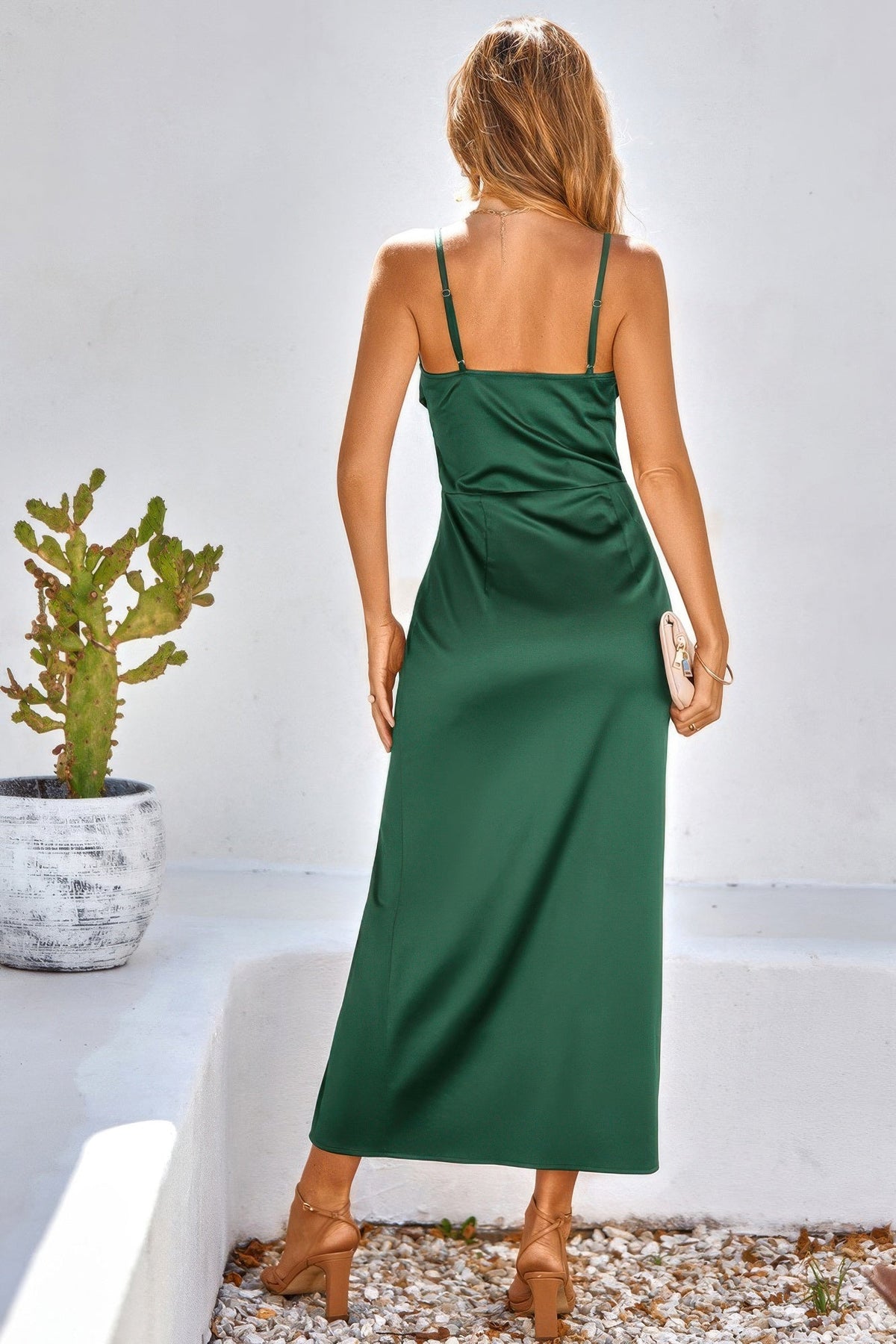 Spaghetti Strap Cowl Neck Split Midi Slit Dress