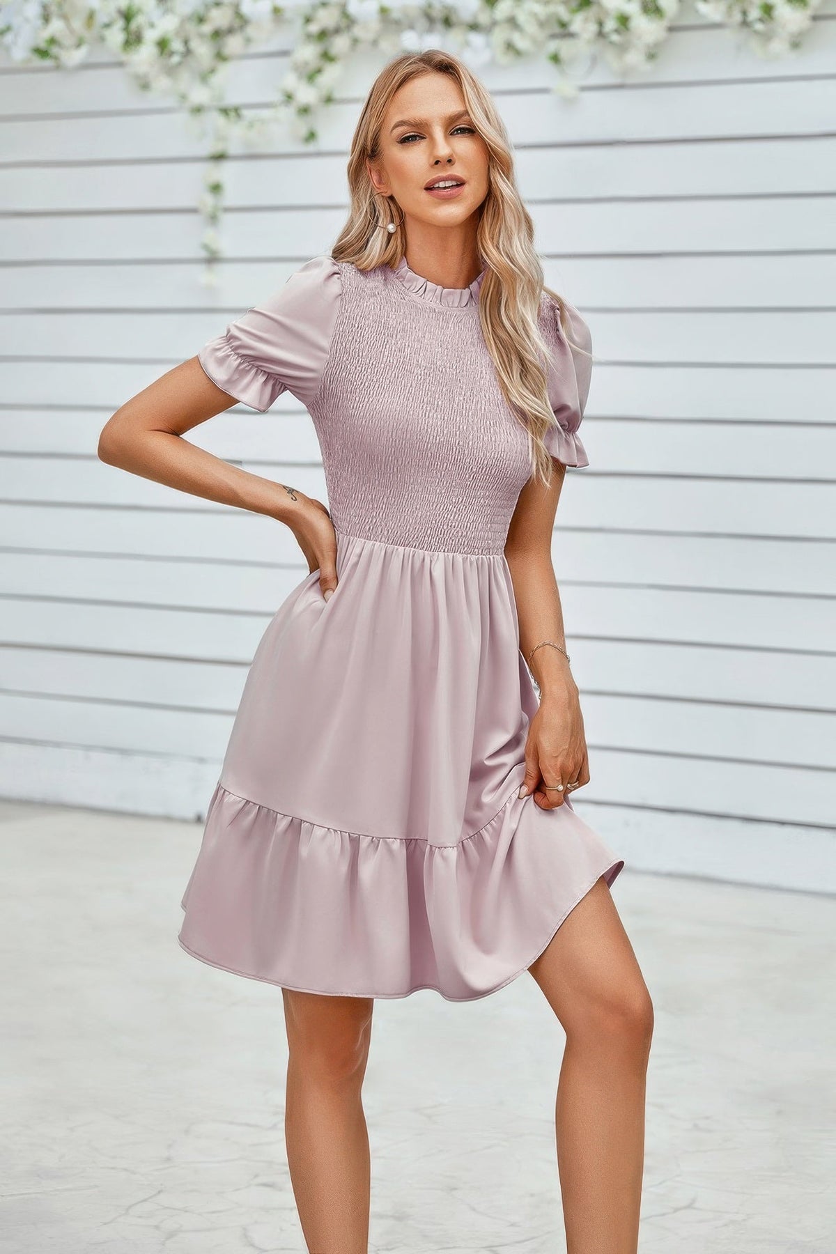 Solid Puff Sleeve Shirred Detail Ruffle Hem Dress