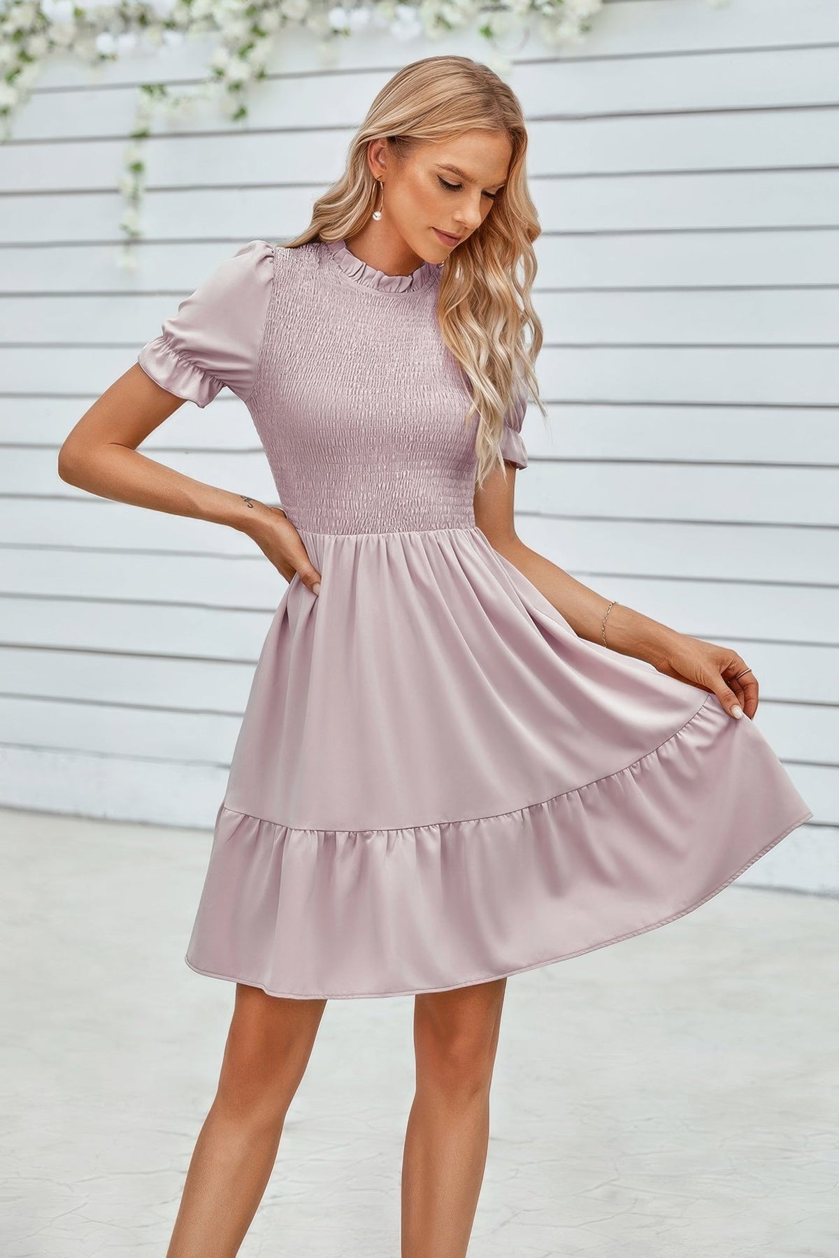 Solid Puff Sleeve Shirred Detail Ruffle Hem Dress
