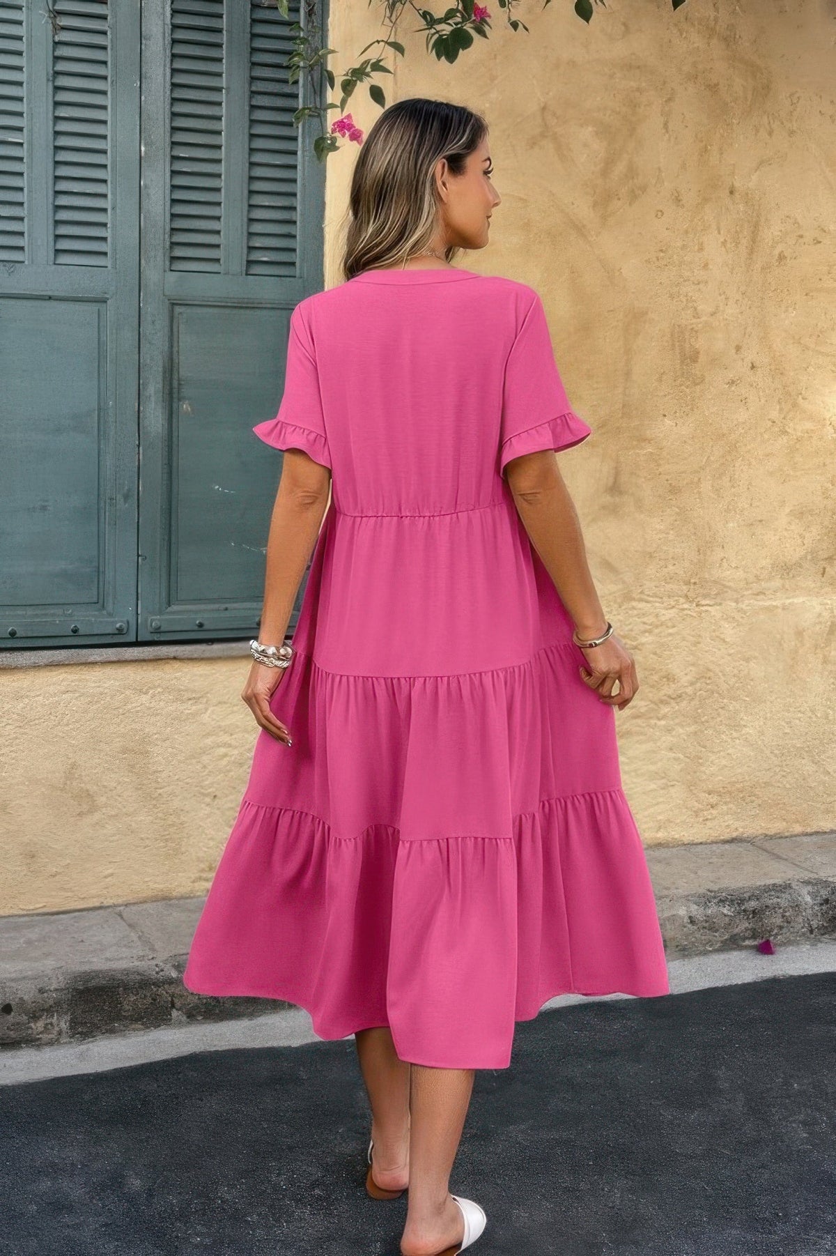 Solid V Neck A Line Ruffle Hem Pleated Dress