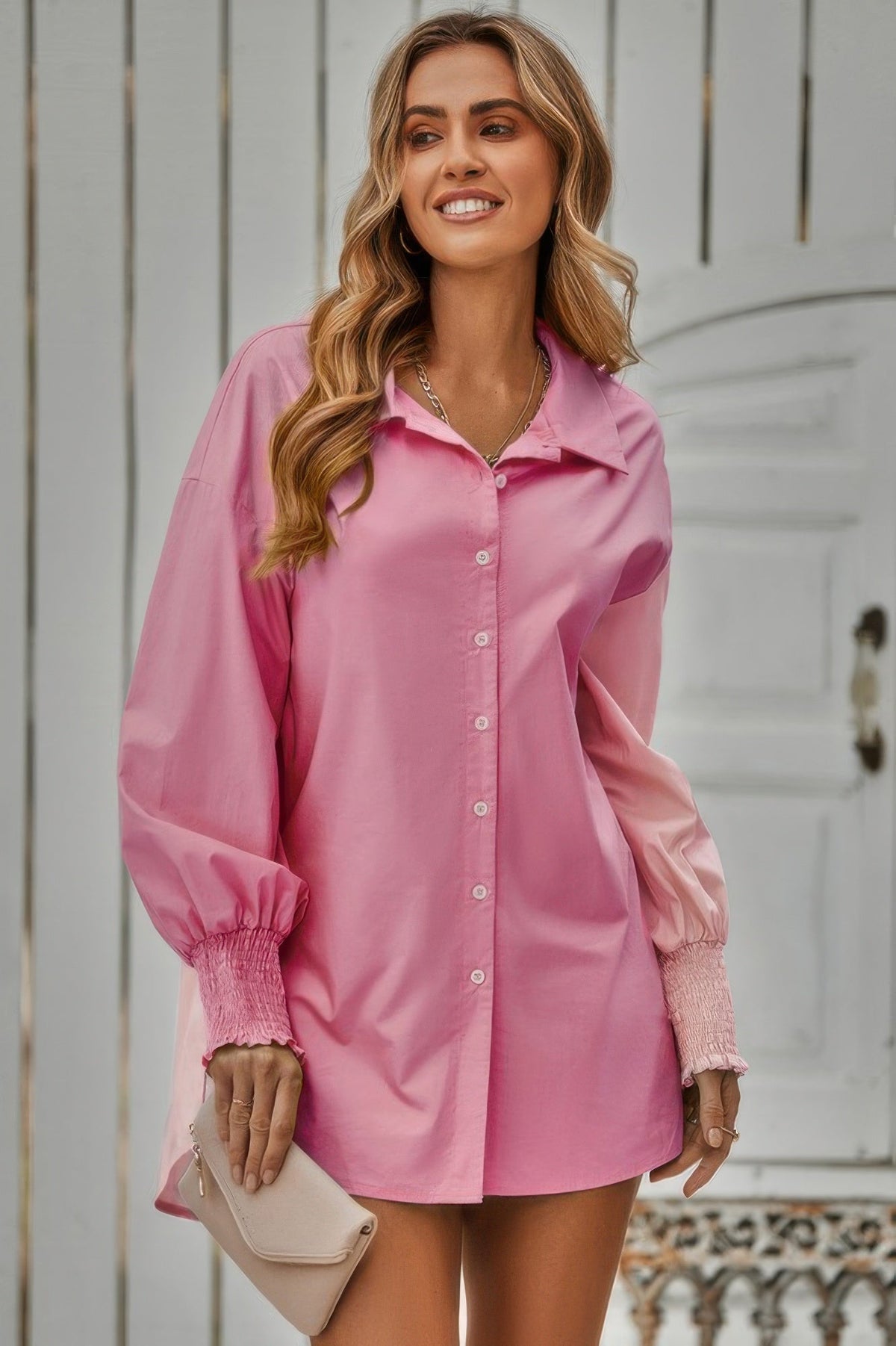 Color Block Button Down Cuffed Sleeves Blouse