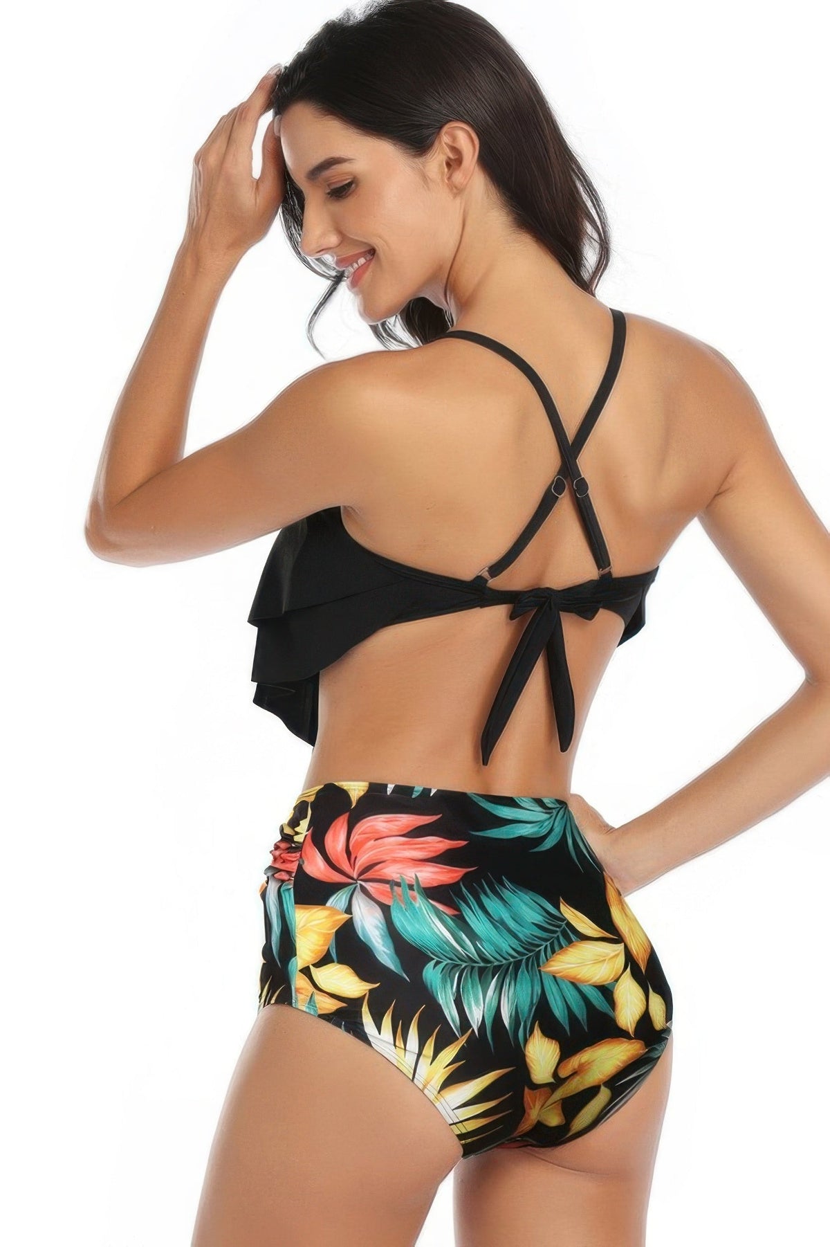 Print Sleeveless Ruffle Push Up High Waisted Bikini