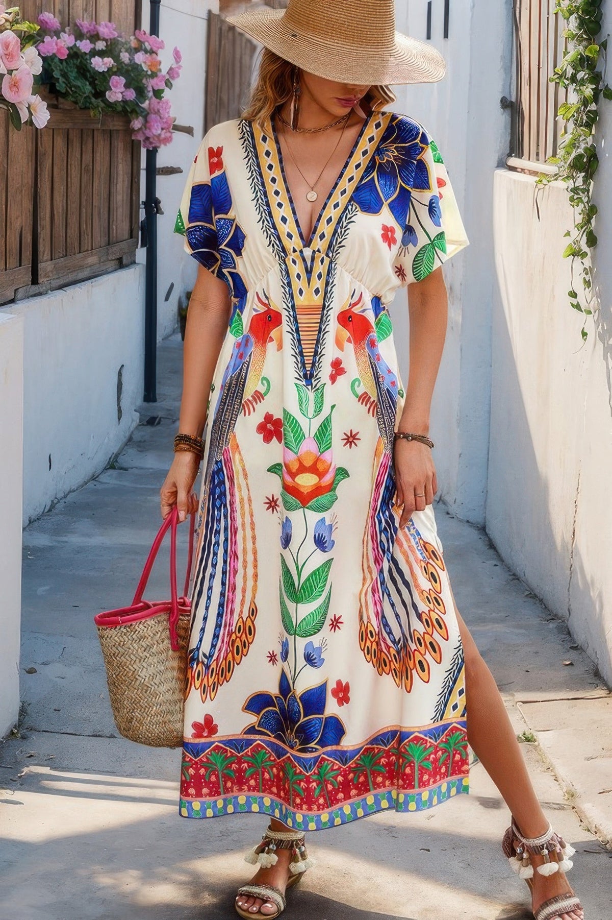 Floral Deep V Neck Batwing Sleeve Fit Dress