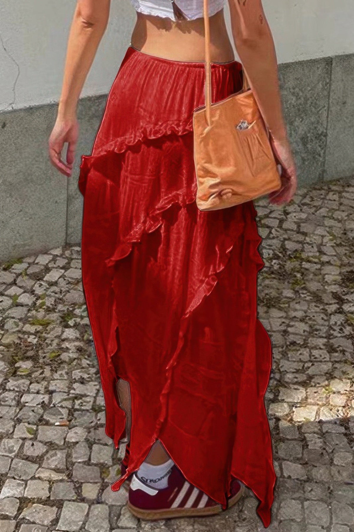 Solid Ruffle Drawstring Waist Asymmetry Hem Skirt