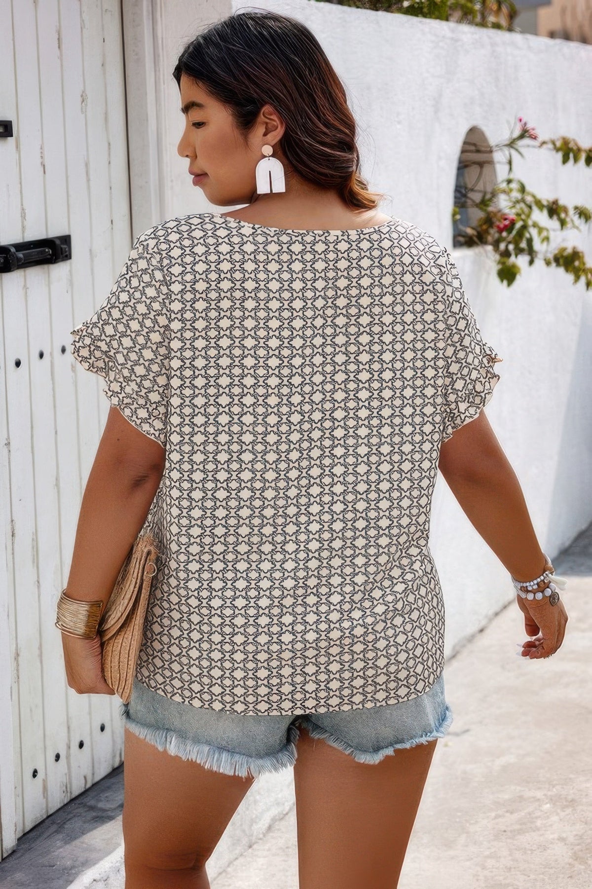 Round Neck Allover Print Ruffle Sleeves Loose Top
