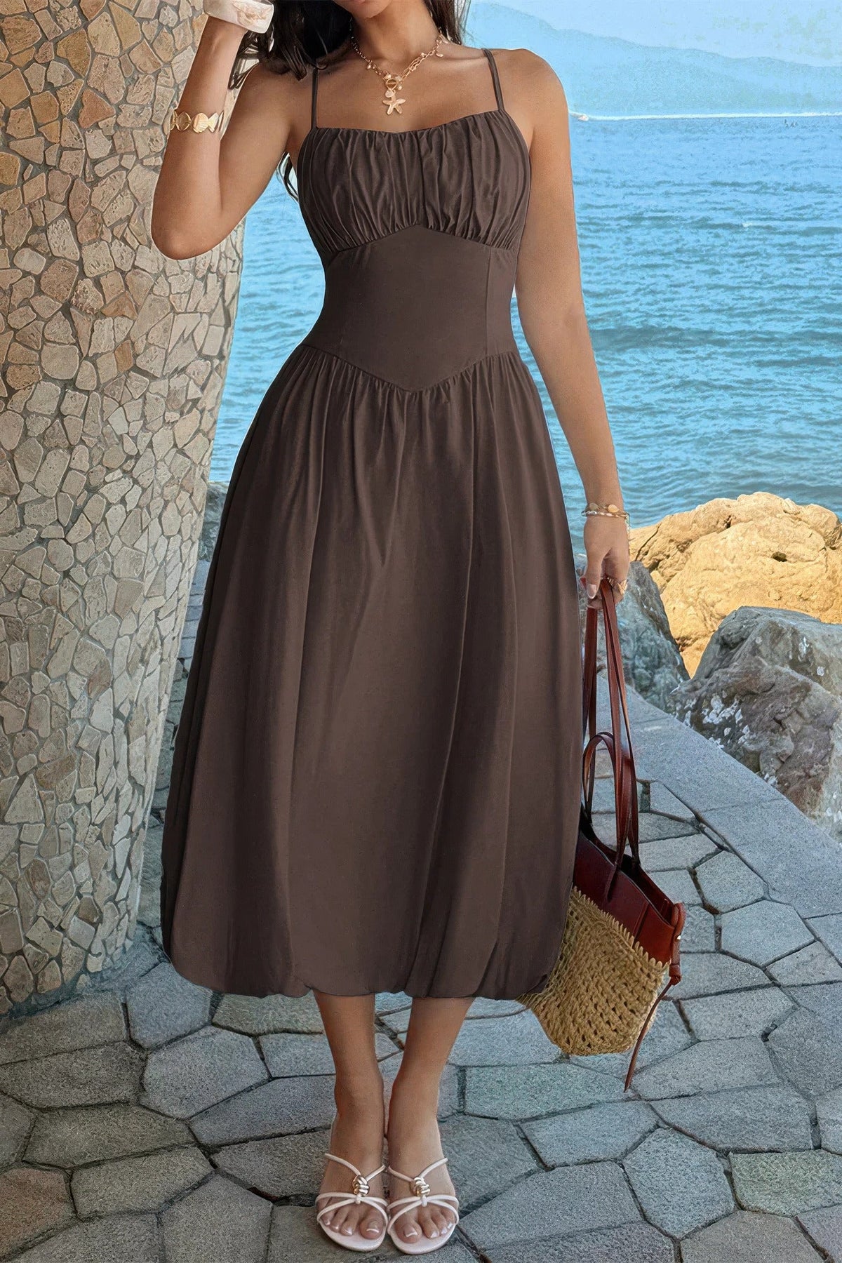 Solid Sleeveless Ruched Bust A Line Dress