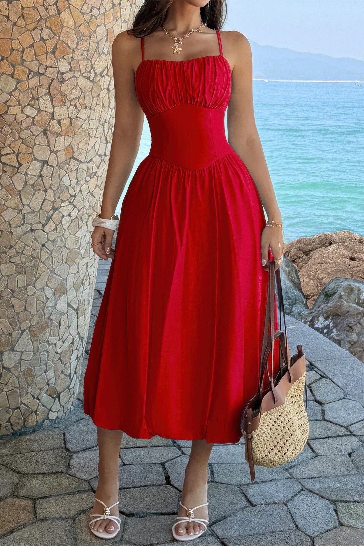 Solid Sleeveless Ruched Bust A Line Dress