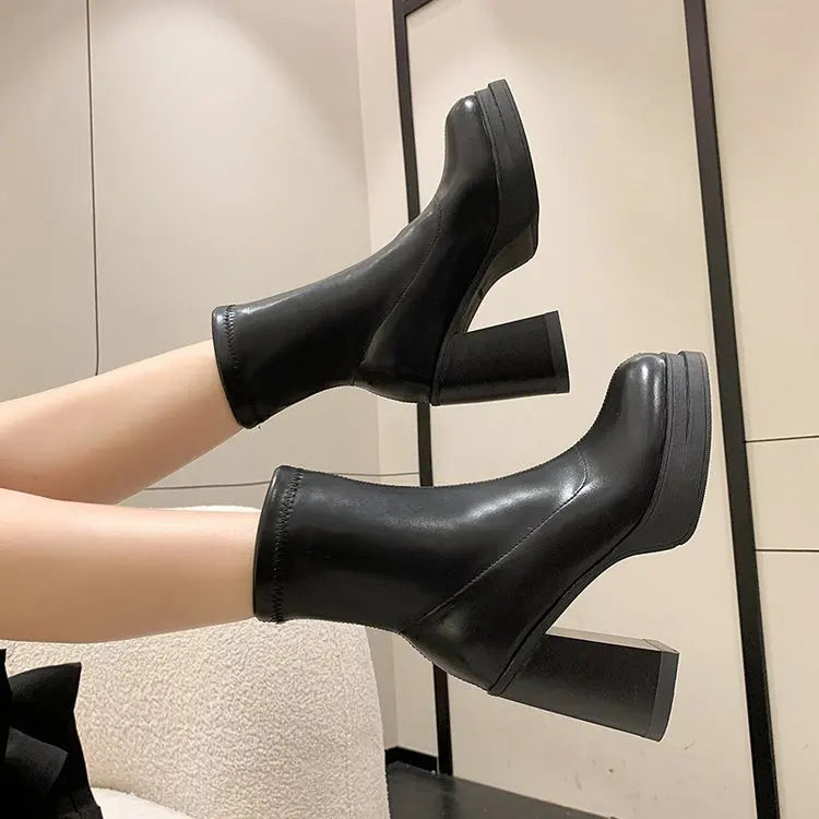 Winter Boots Lady Boots-Women Shoes Zipper Luxury Designer Rubber High Heel Ankle Fashion Rome Solid PU Basic Square Toe