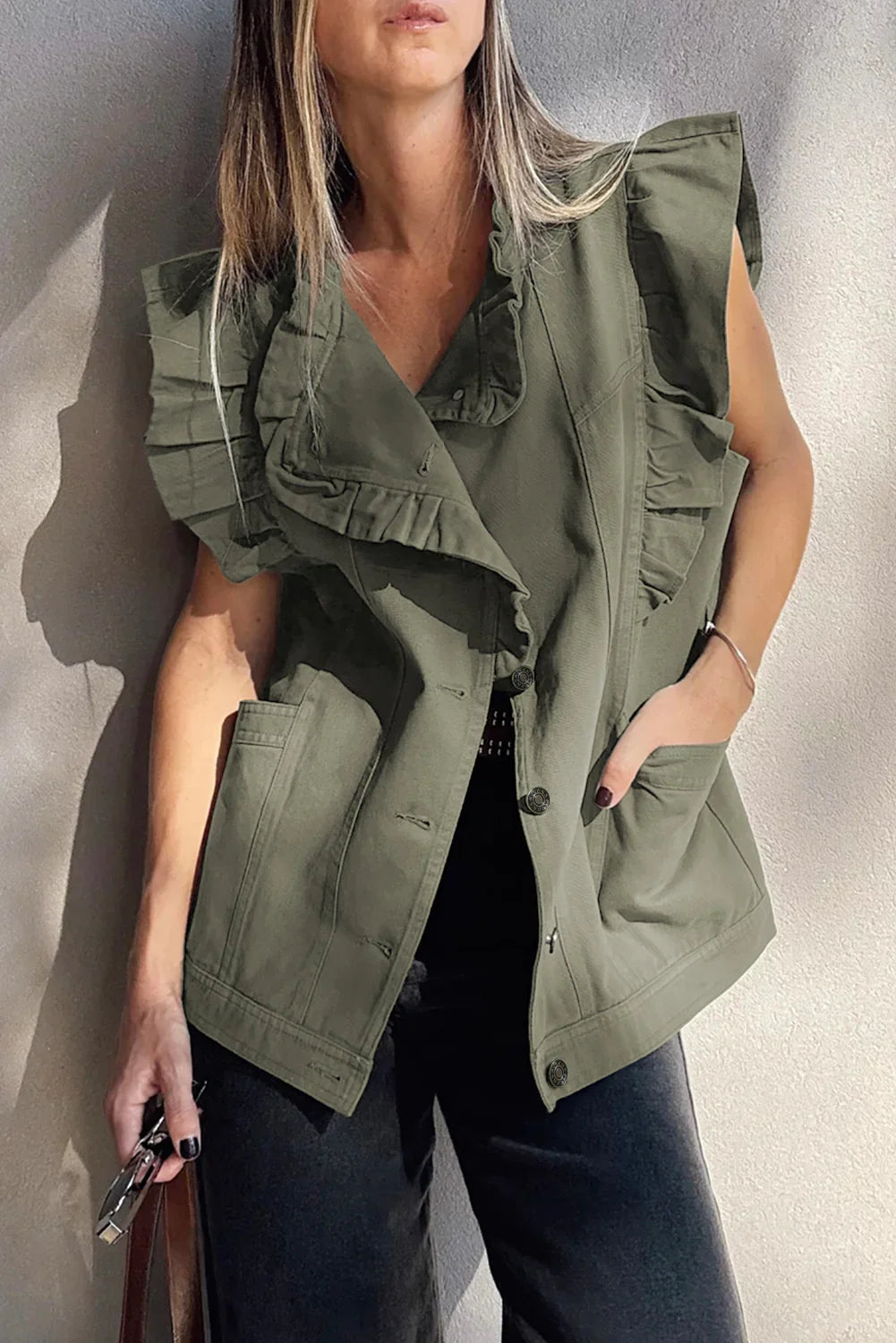 Green Bay Ruffle Plain Denim Jacket Vest