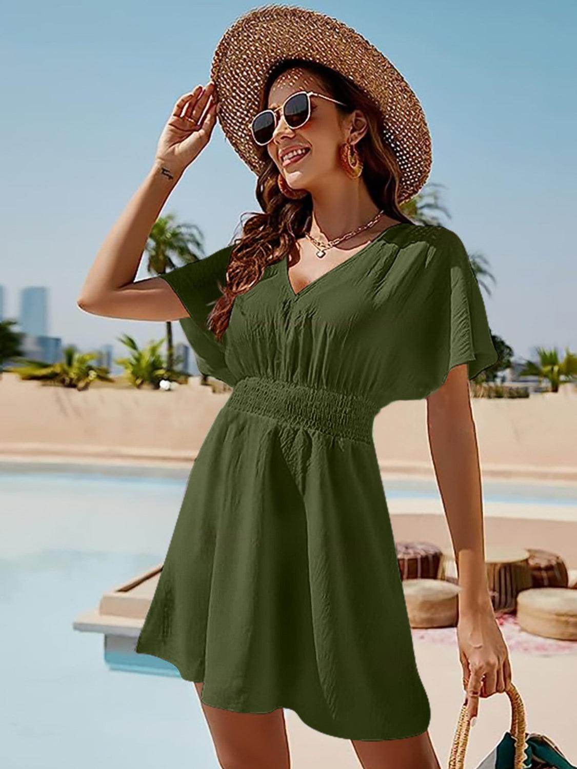 Smocked V-Neck Short Sleeve Dress for Effortless Style