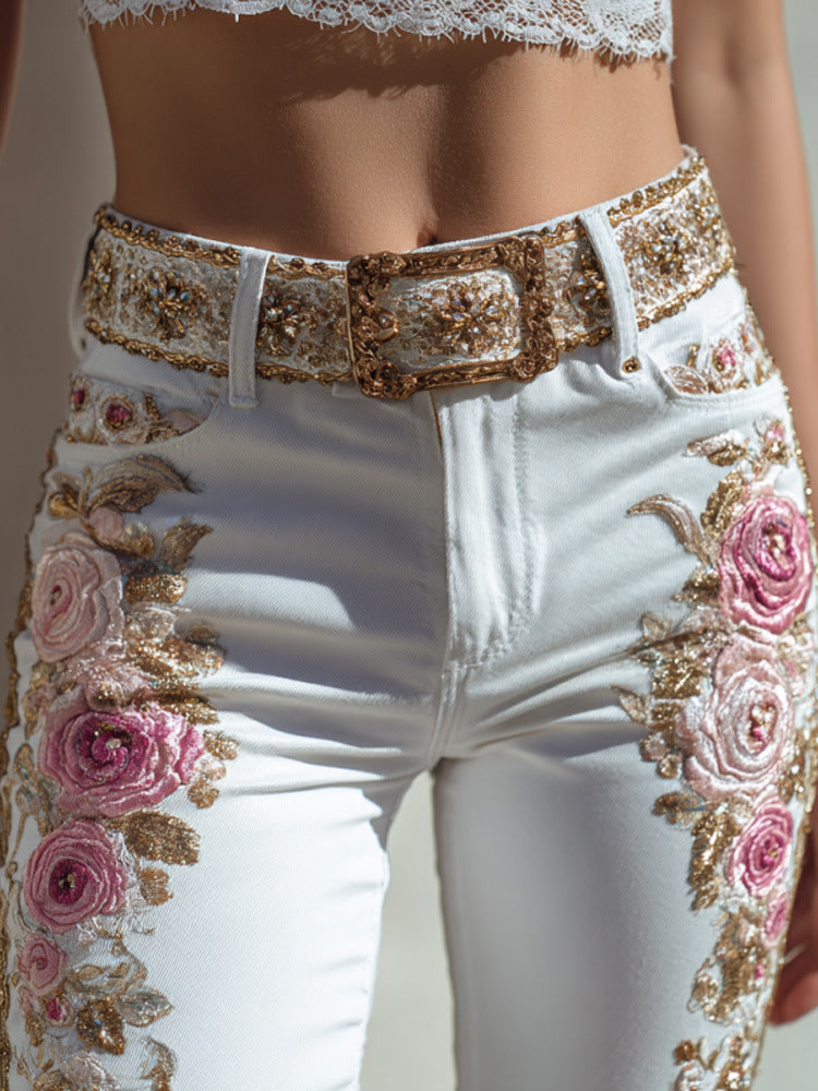 Womens Denim Jeans Womens Trousers With Colorful 3D Floral Prints