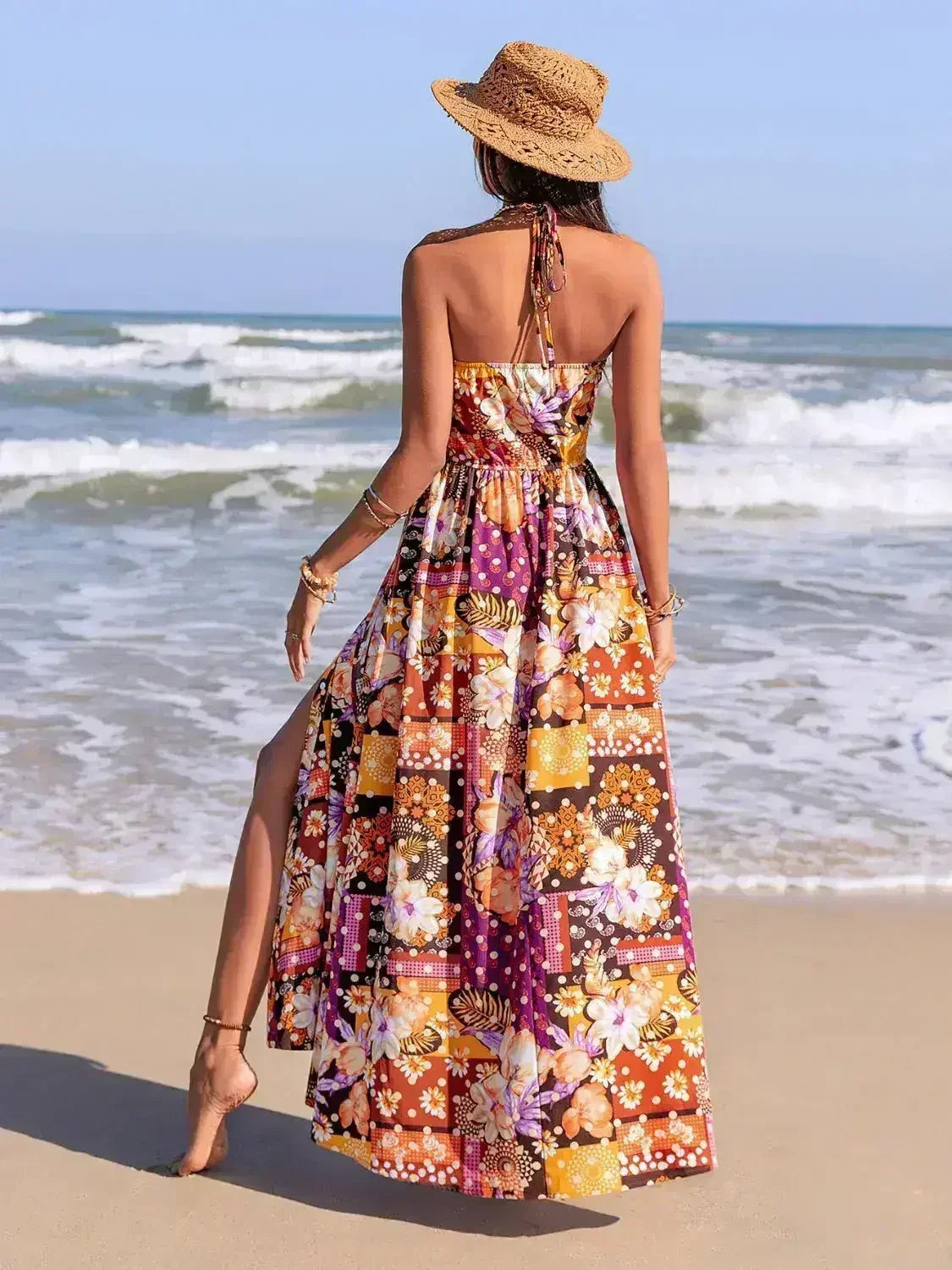 Slit Printed Halter Neck Cami Dress