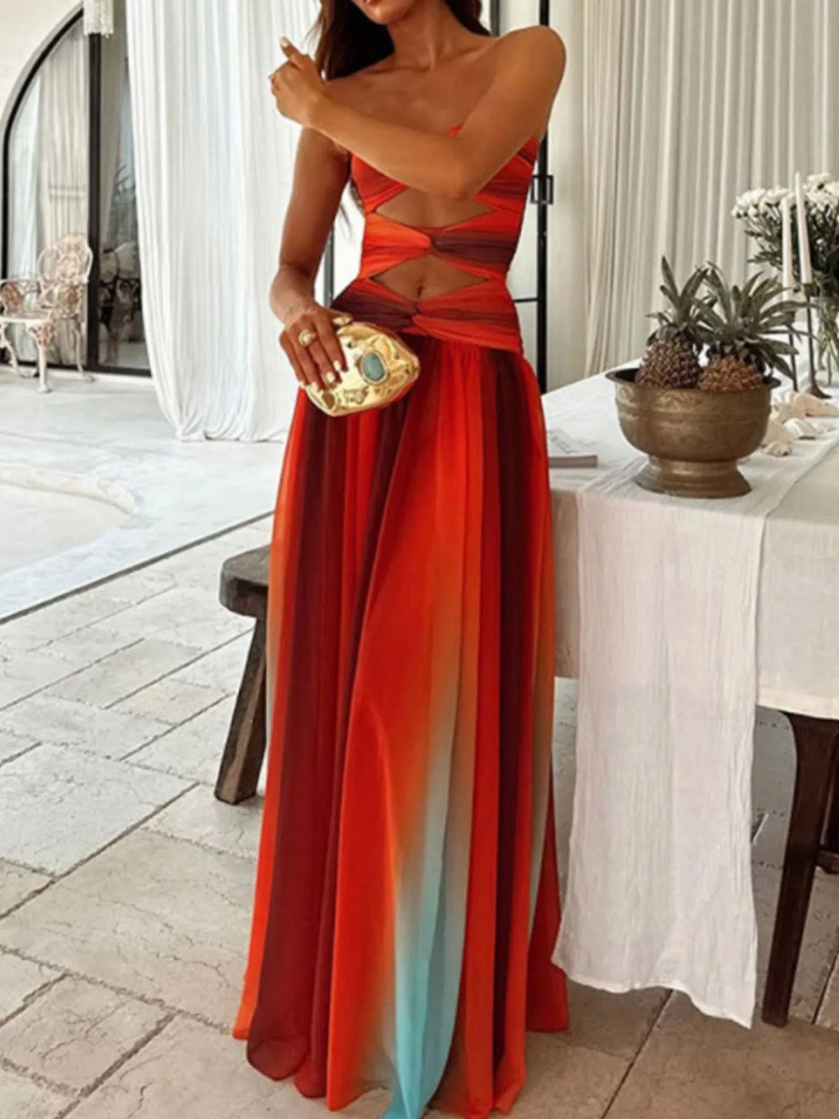Strapless Cut-Out Rainbow Gradient Maxi Dress