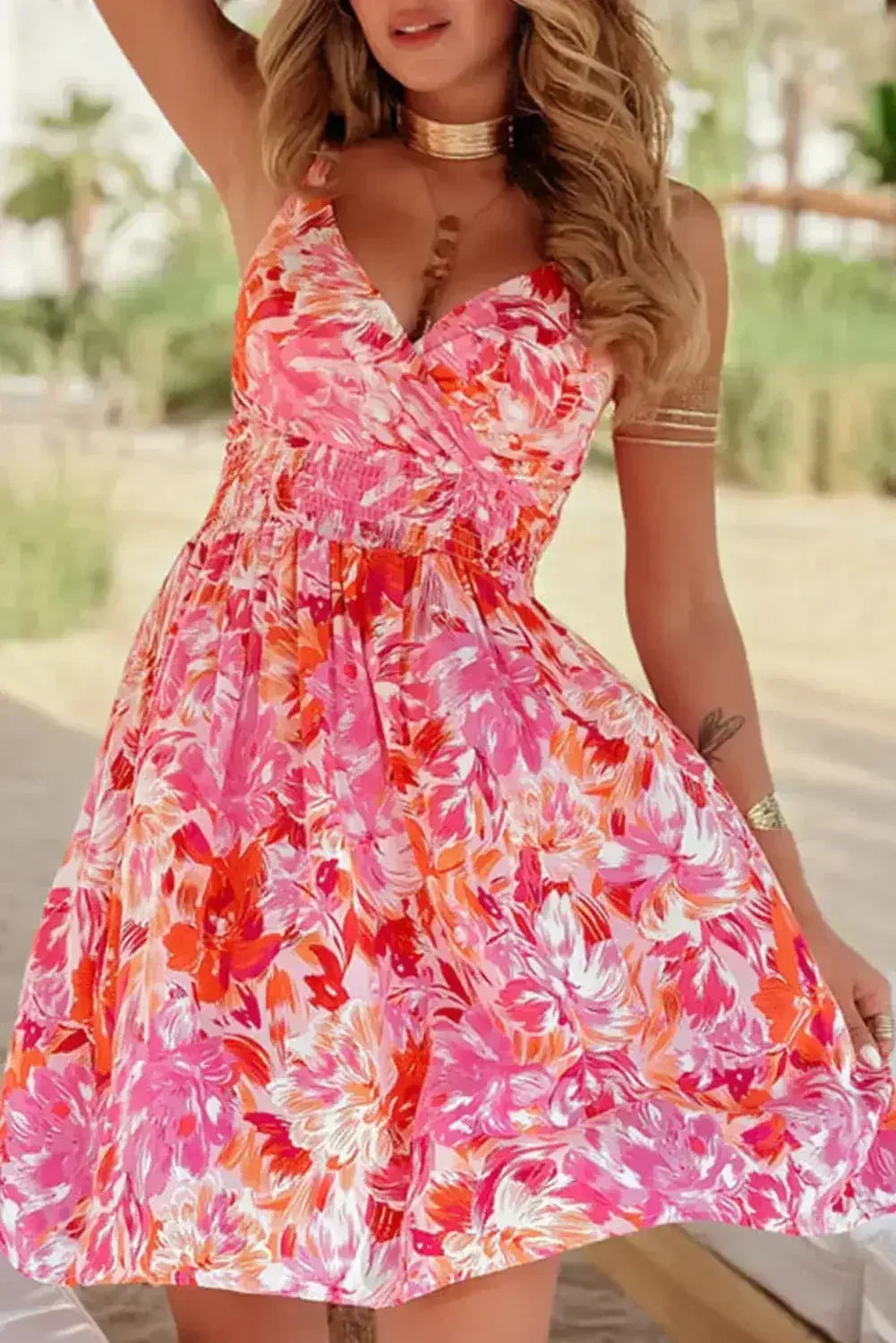 Red Floral Spaghetti Strap Surplice Neck Shirred Waist Mini Dress
