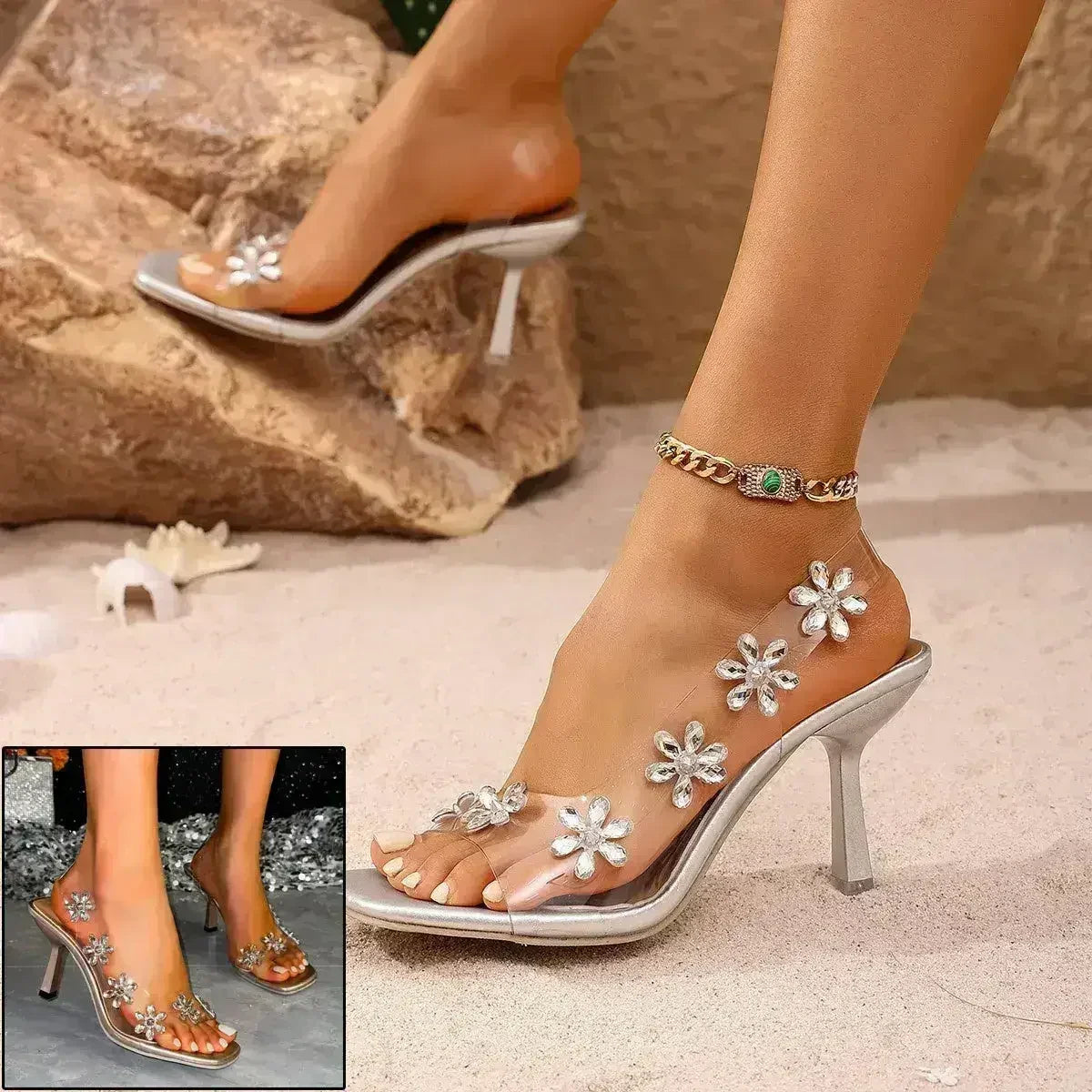 Clear Floral Slingbacks - Rhinestone Heels - Summer Wedding Shoes
