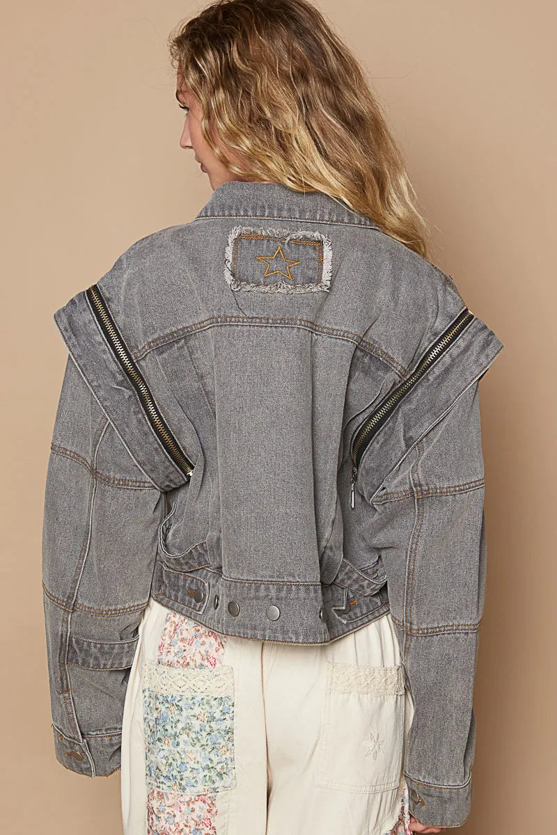 POL Cropped Denim Jacket with Functional Zipper Detail