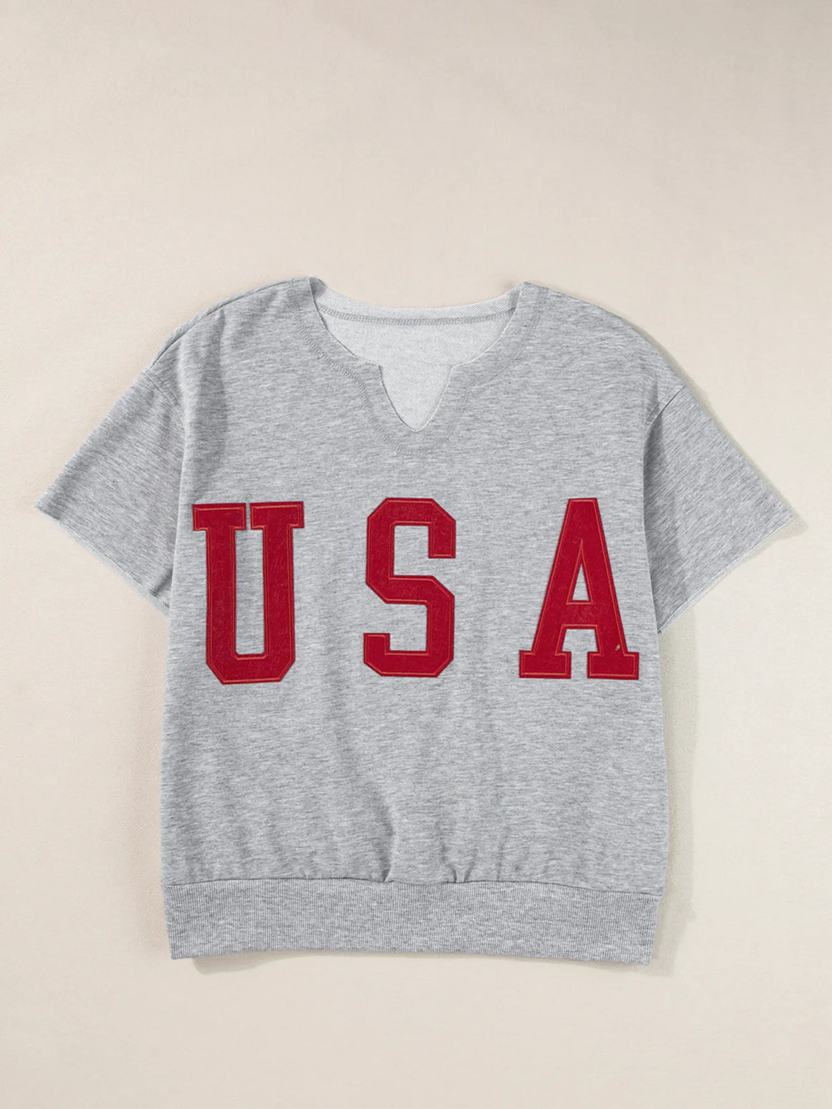 USA Lettering Patch Notched Neck T-Shirt