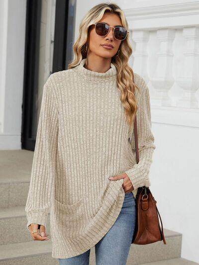 Ribbed Mock Neck Long Sleeve T-Shirt for Women Stylish Wear