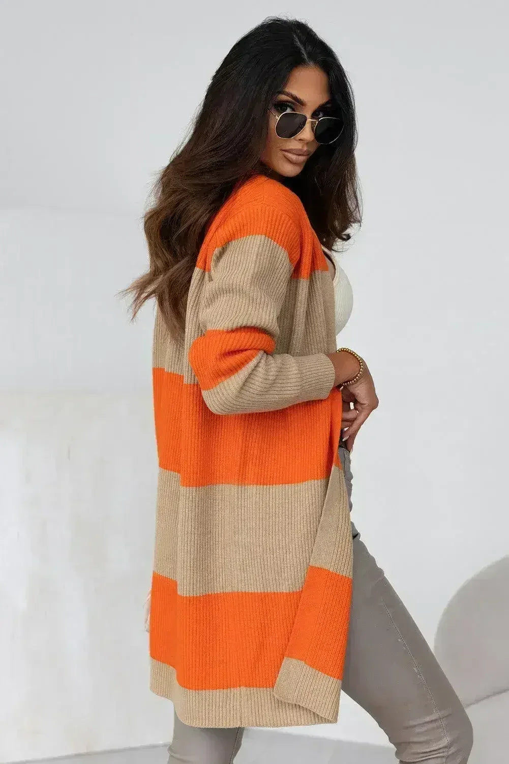 Orange Colorblock Ribbed Knit Cardigan