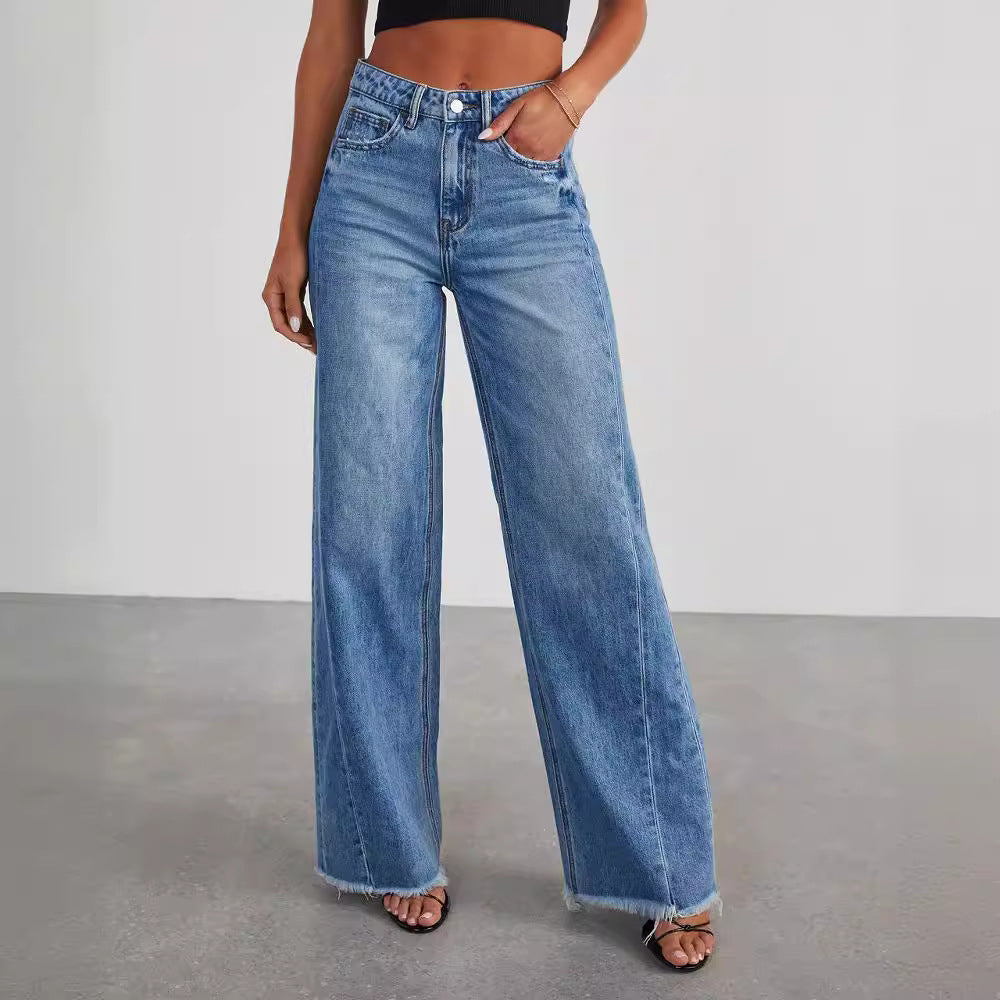 Europe And The United States Cross-border New Amazon Loose Wide Leg Side Stitching Framed Hem Jeans Women&