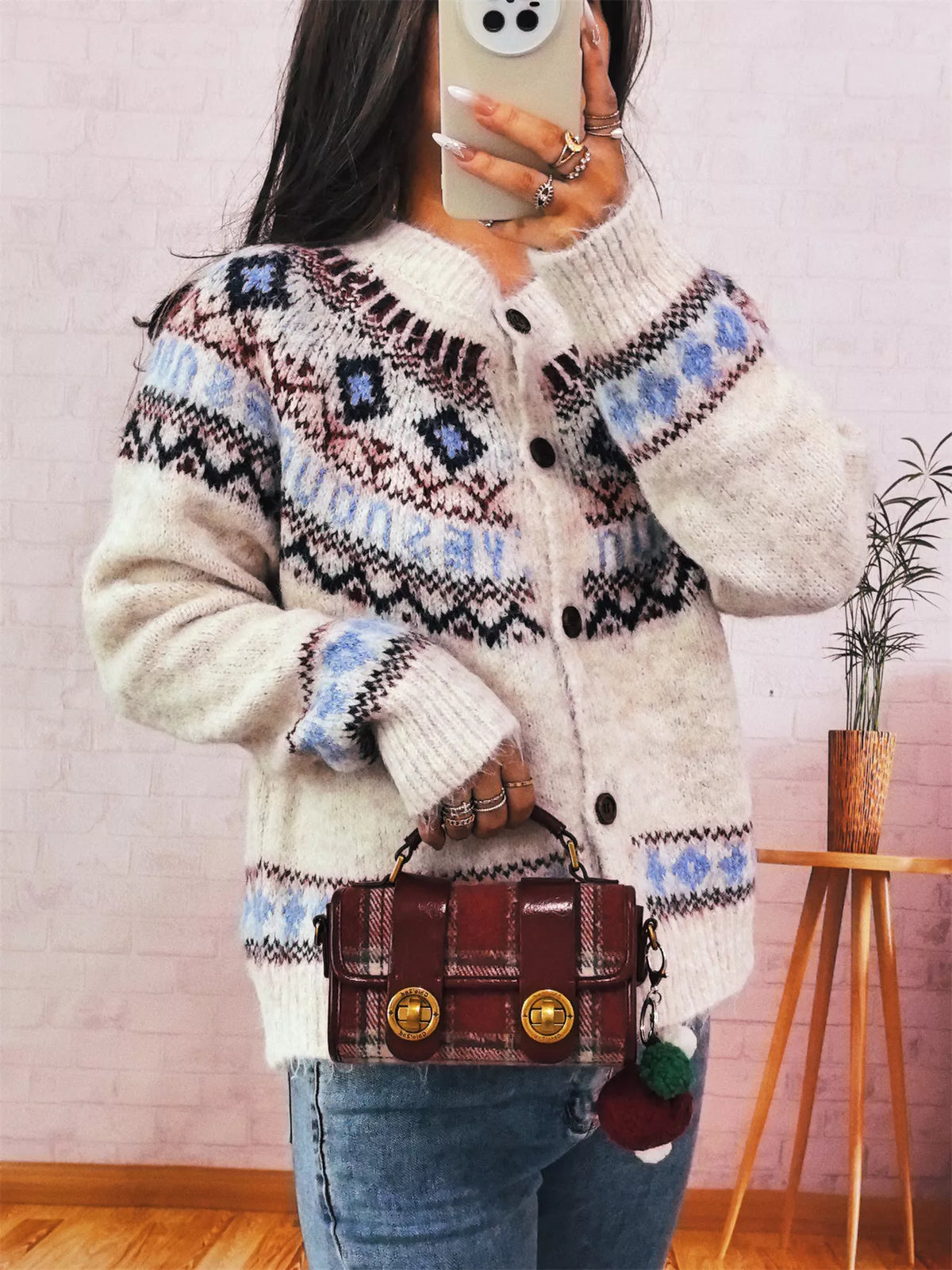 Geometric Pattern Button Up Long Sleeve Cardigan