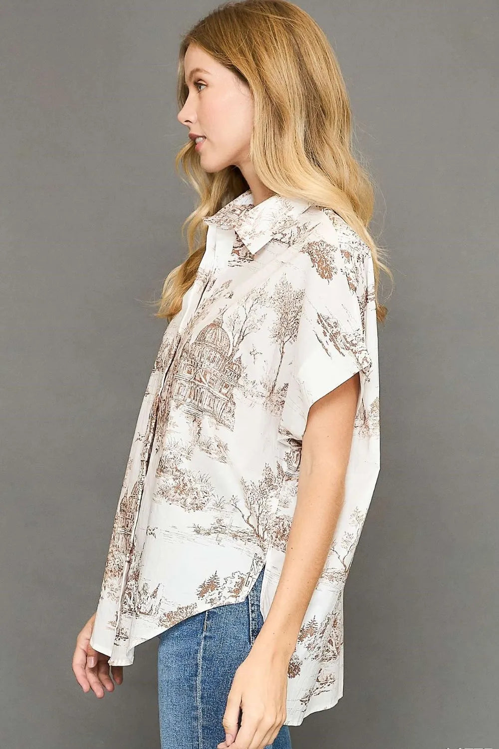 Umgee Full Size Two Tone Print Button Up Short Sleeve Shirt Plus Size