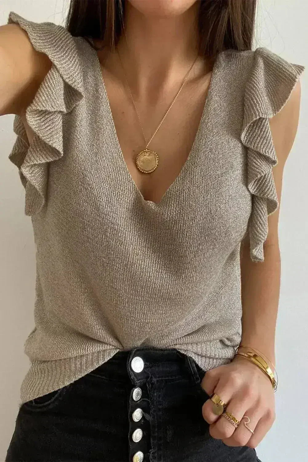 Khaki Cascading Ruffles Knit Tank Top