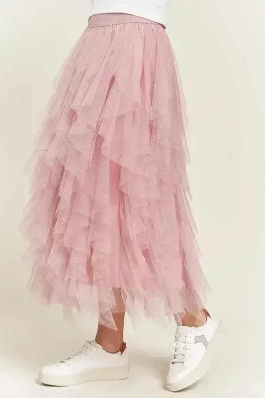 PLUS LAYER POLKA DOT MESH LINED A-LINE MIDI SKIRT