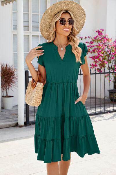 Ruched Notched Cap Sleeve Dress with Pockets and Stretch