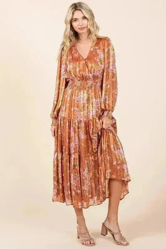 Mittoshop Flower Print Satin Lurex Stripe Smocked Midi Dress