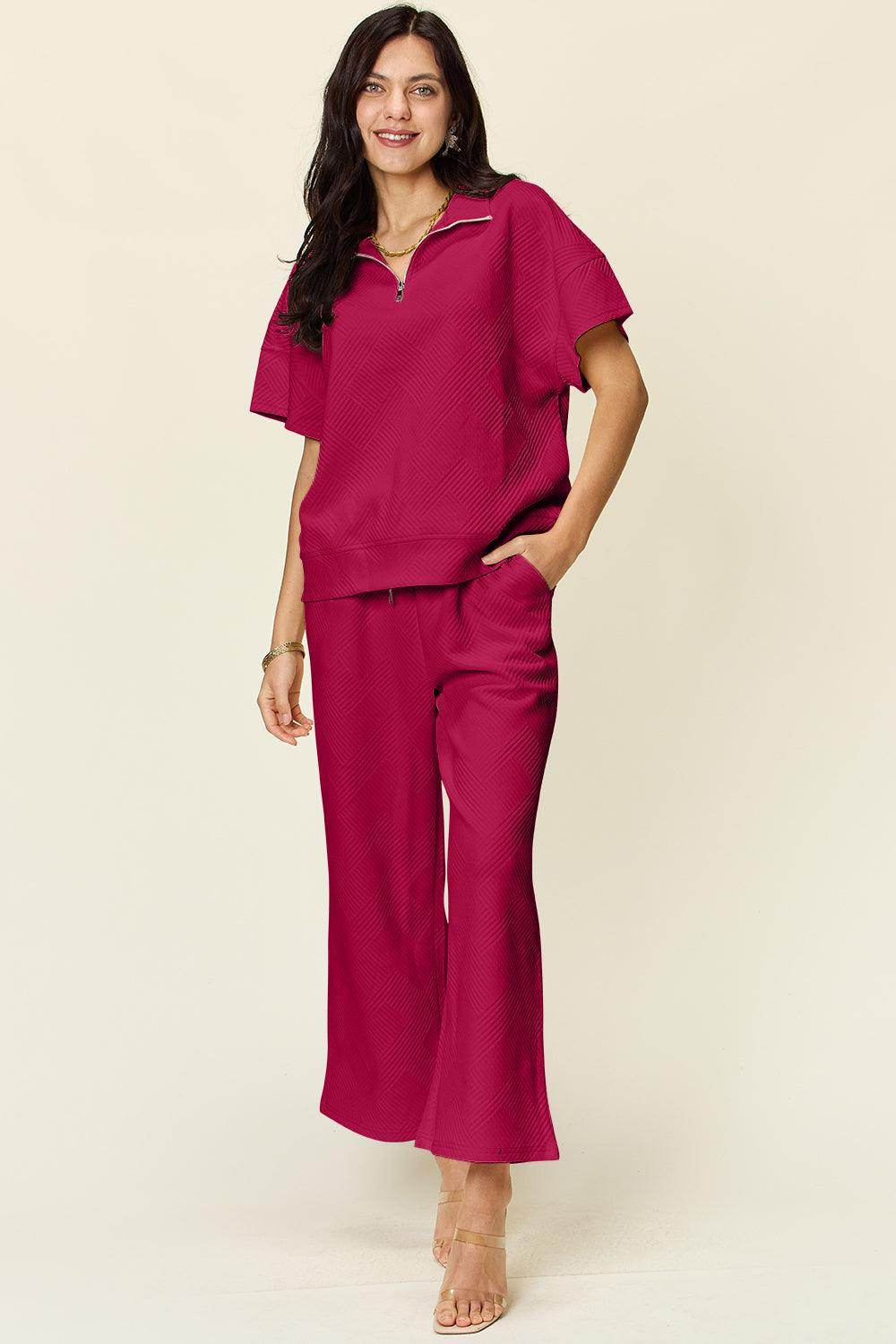 Double Take Full Size Texture Half Zip Short Sleeve Top Set